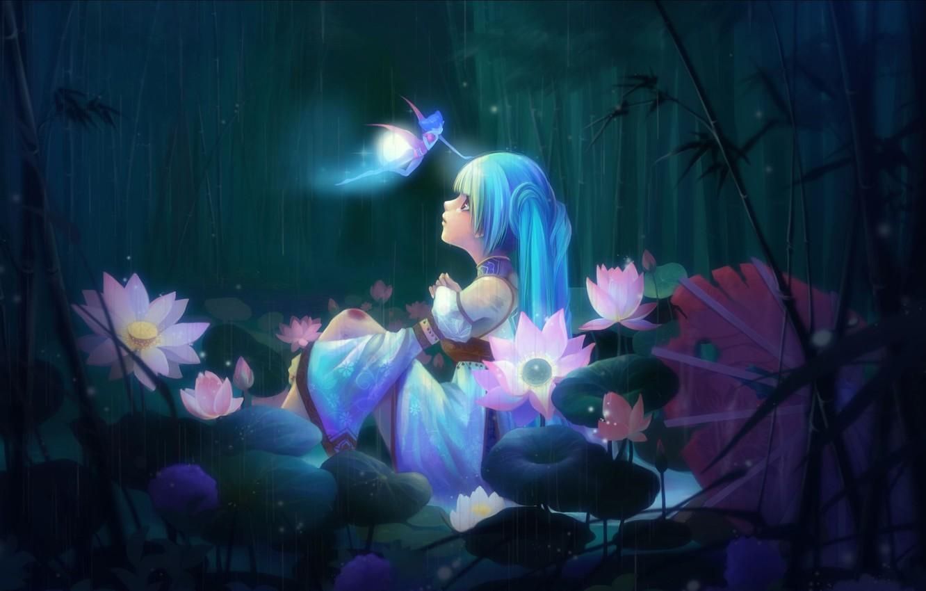 1332x850 Wallpaper girl, flowers, rain, wings, anime, fairy, art, sunmomo image for desktop, section прочее