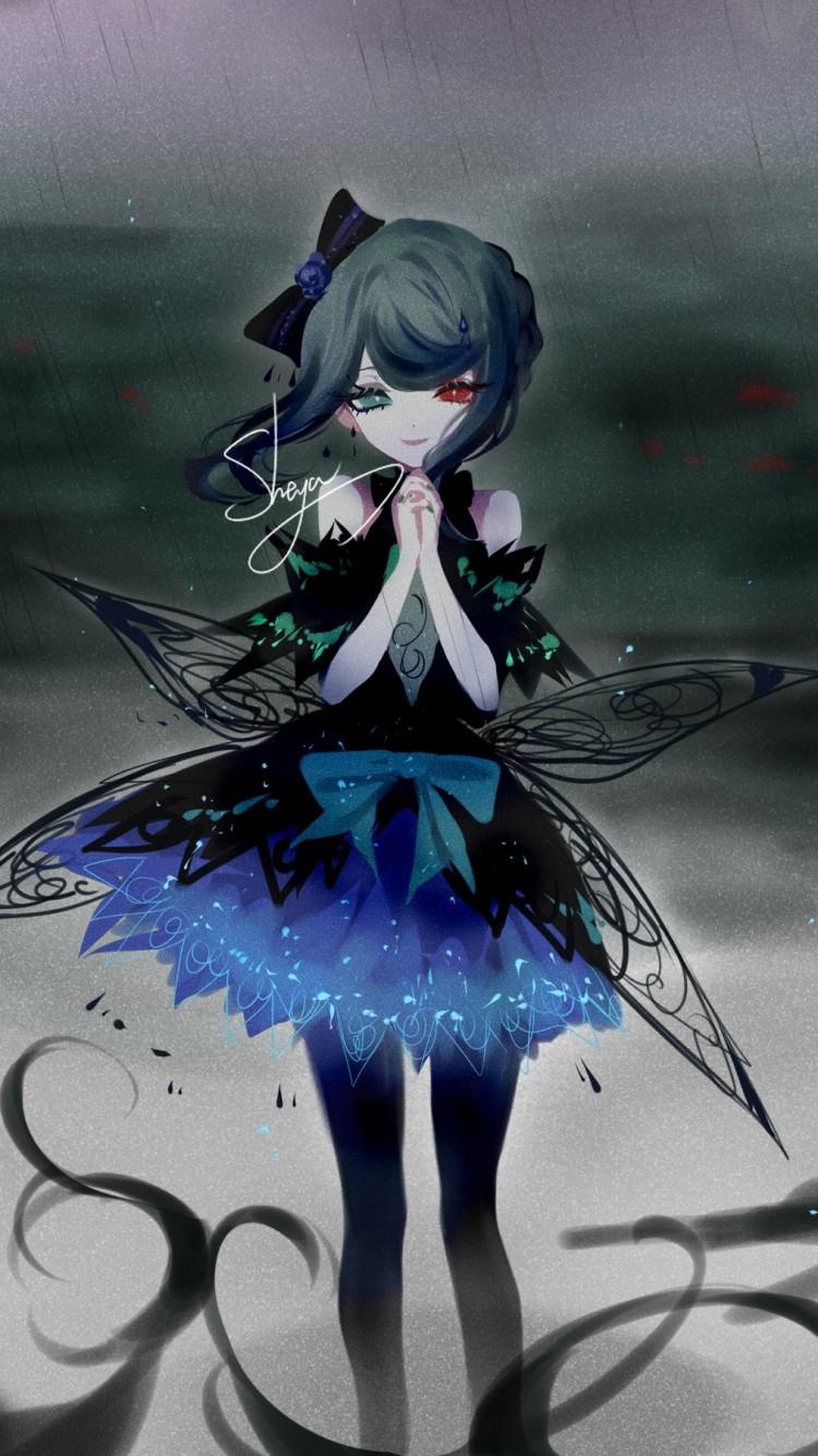 750x1334 Download 750x1334 Anime Fairy Girl, Heterochromia, Wings, Raining, Smiling Wallpaper for iPhone iPhone 6