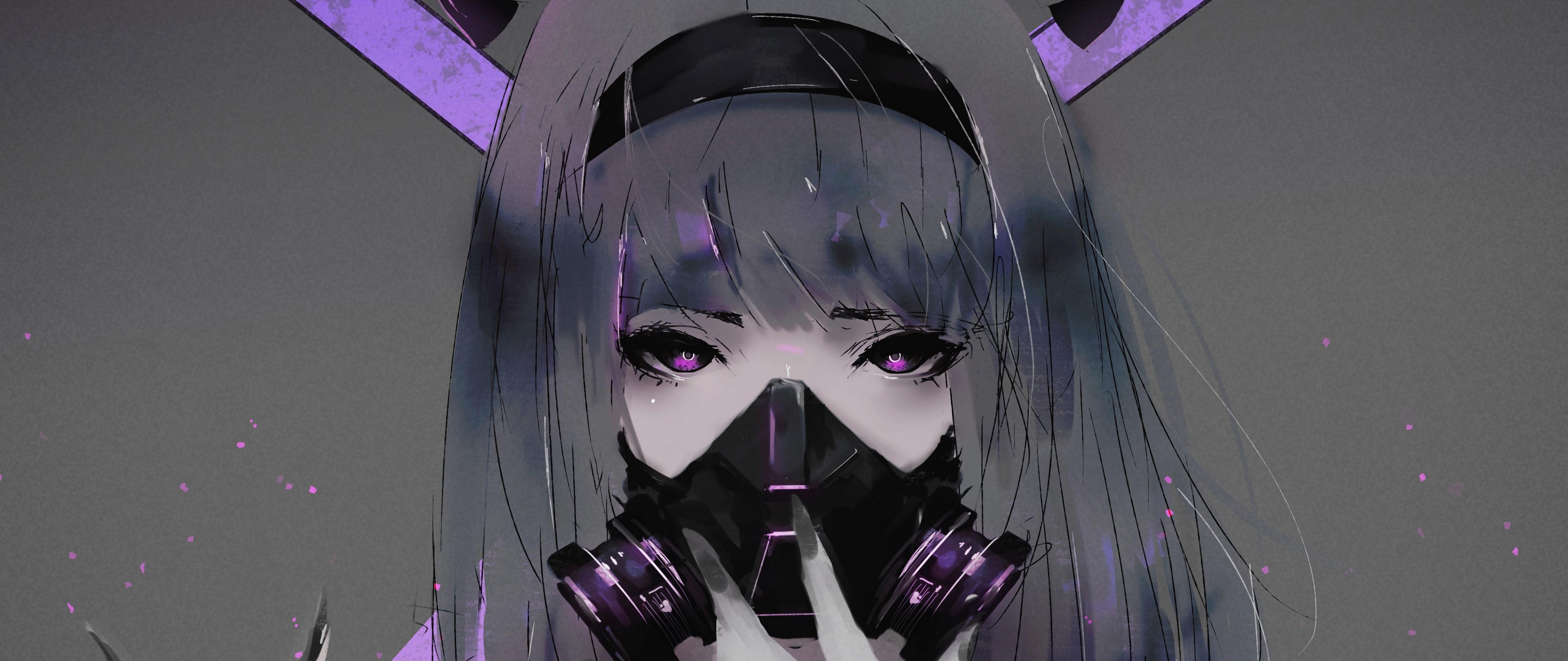 5120x2160 Anime Girl Gas Mask 4K Wallpaper