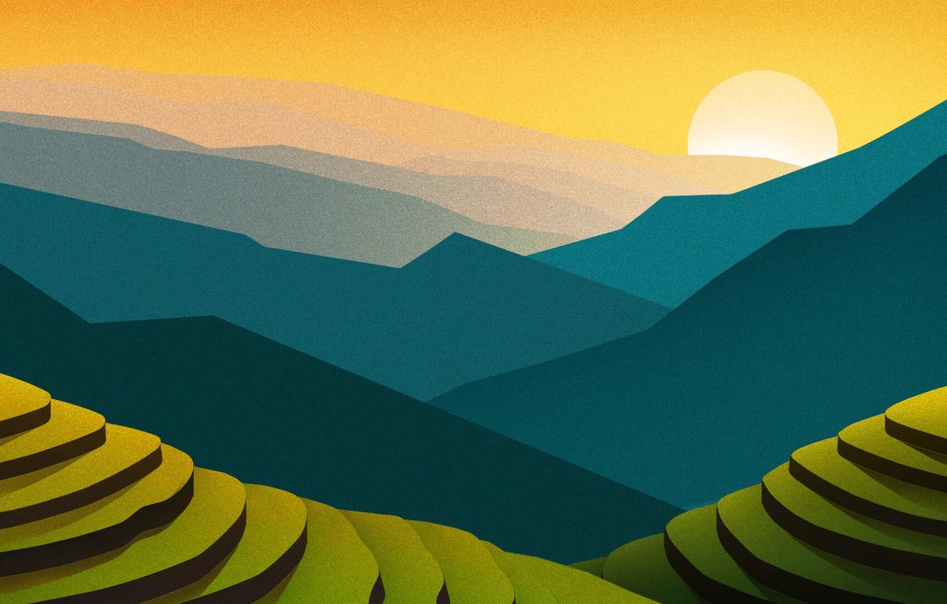 1332x850 Wallpaper Sunset, The sun, Nature, Minimalism, Mountains, Mountain, Figure, Dawn, China, Landscape, Nature, Art, Art, Landscape, Sun, Mountain image for desktop, section минимализм