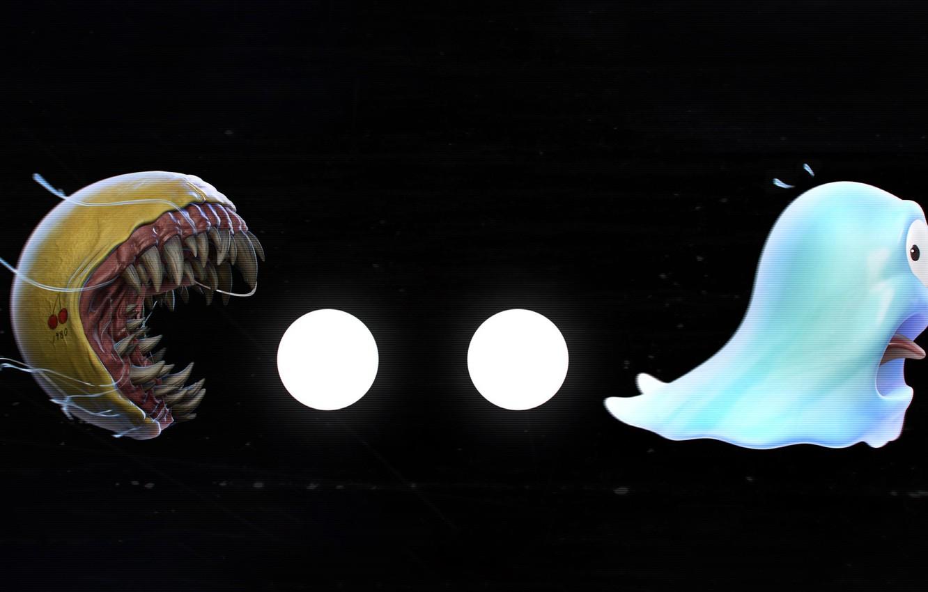 1332x850 Wallpaper The game, Teeth, Fangs, Ghost, Art, Art, Ghost, Retro, Pac