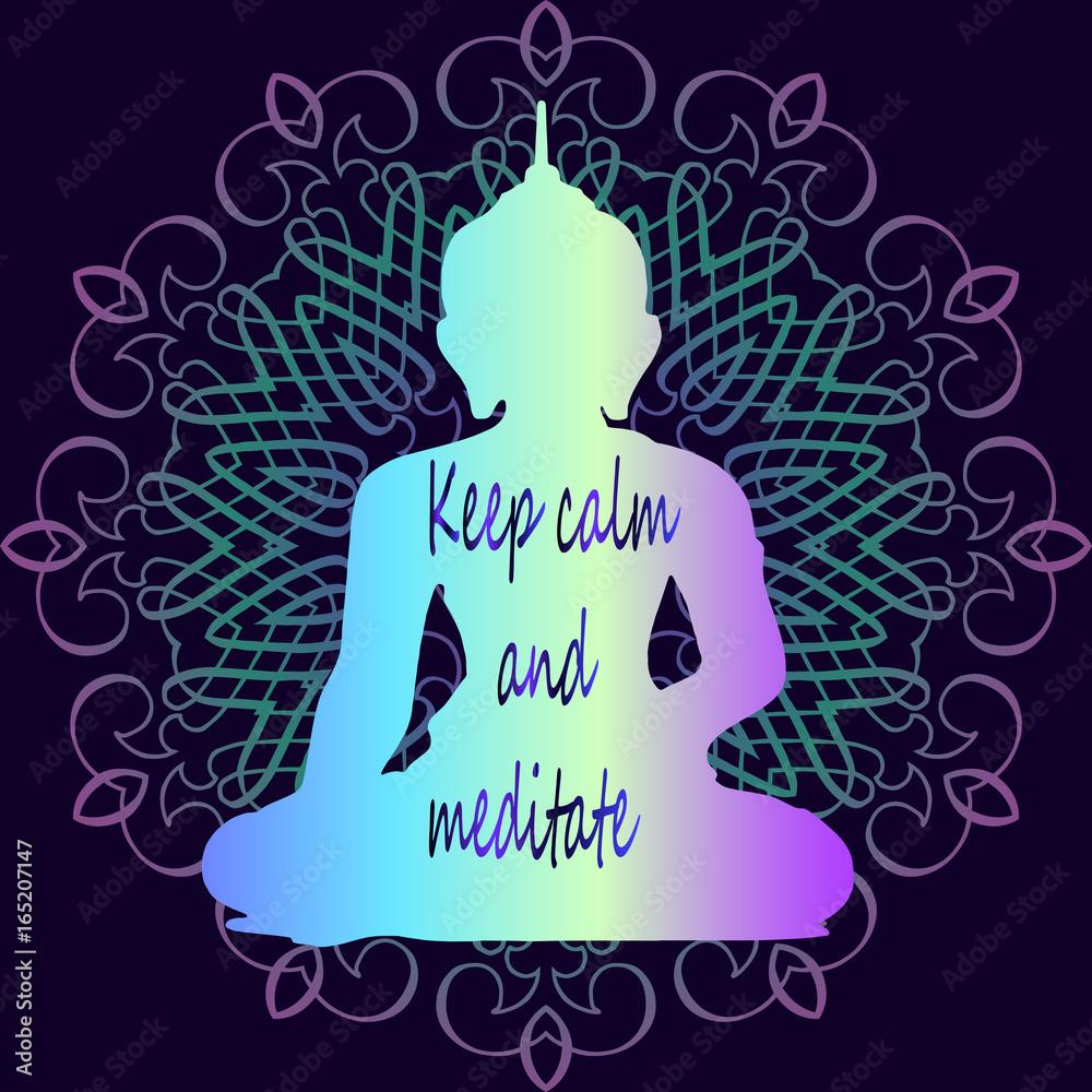 1000x1000 Keep calm and meditate. Art poster, Buddhism. A bright neon buddha sits and meditates Stock Vector