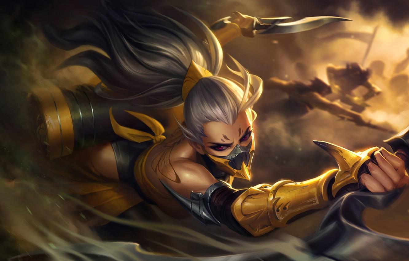 1332x850 Wallpaper Look, Mask, Art, Splash, Akali, League of Legends, LoL, Sting, Artwork, League Of Legends, Stinger, Akali, Swords, Rework image for desktop, section игры