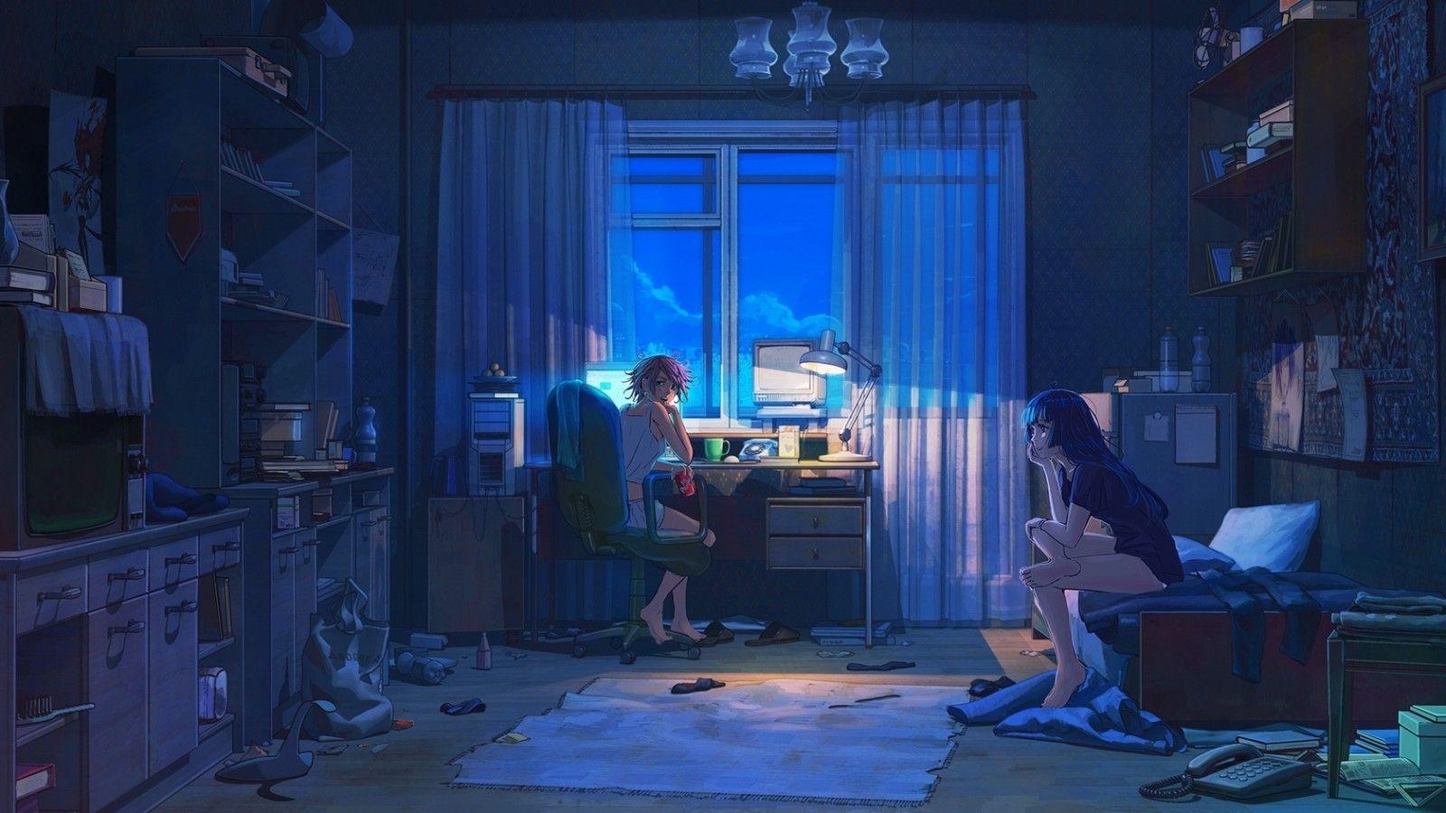 1600x900 Download 1600x900 Anime Girl, Room, Night, Computer, Summer