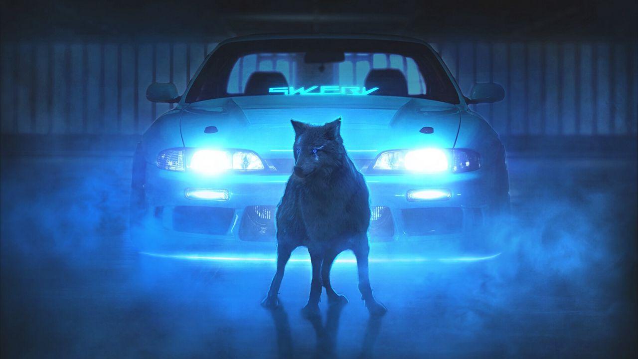 1280x720 Wallpaper wolf, car, neon, light, smoke hd, picture, image