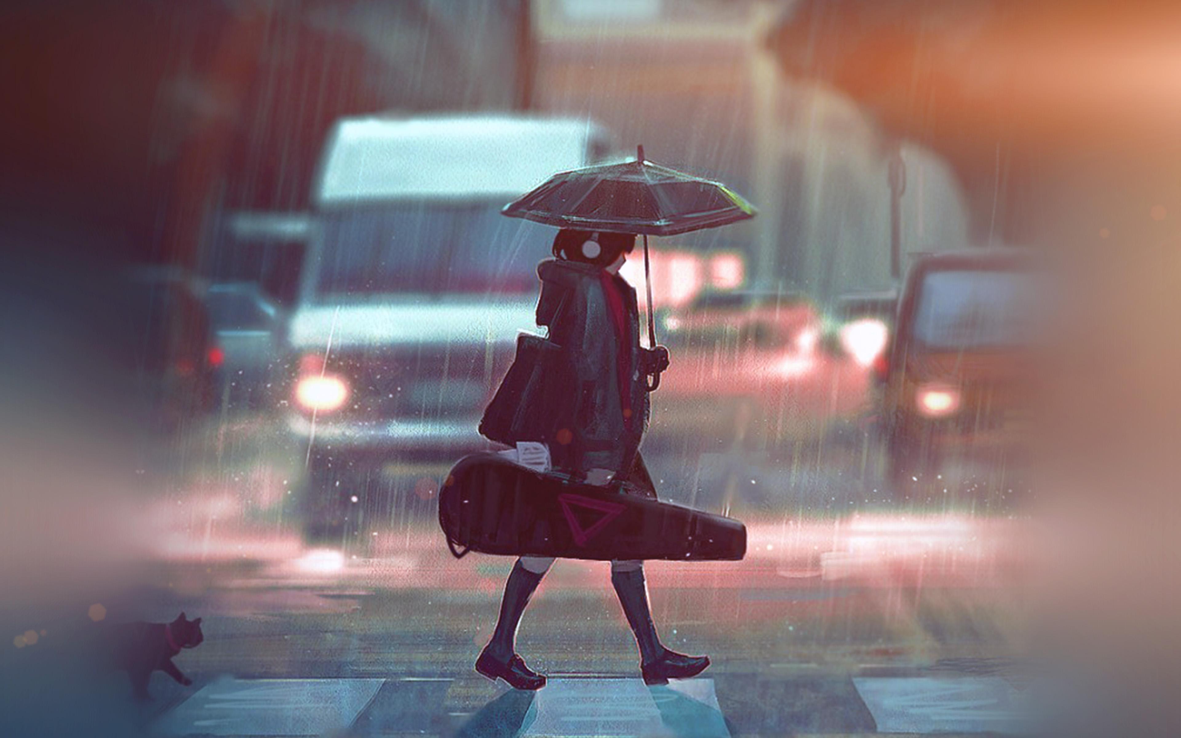 3840x2400 Umbrella, Rain, Violin, Girl wallpaper