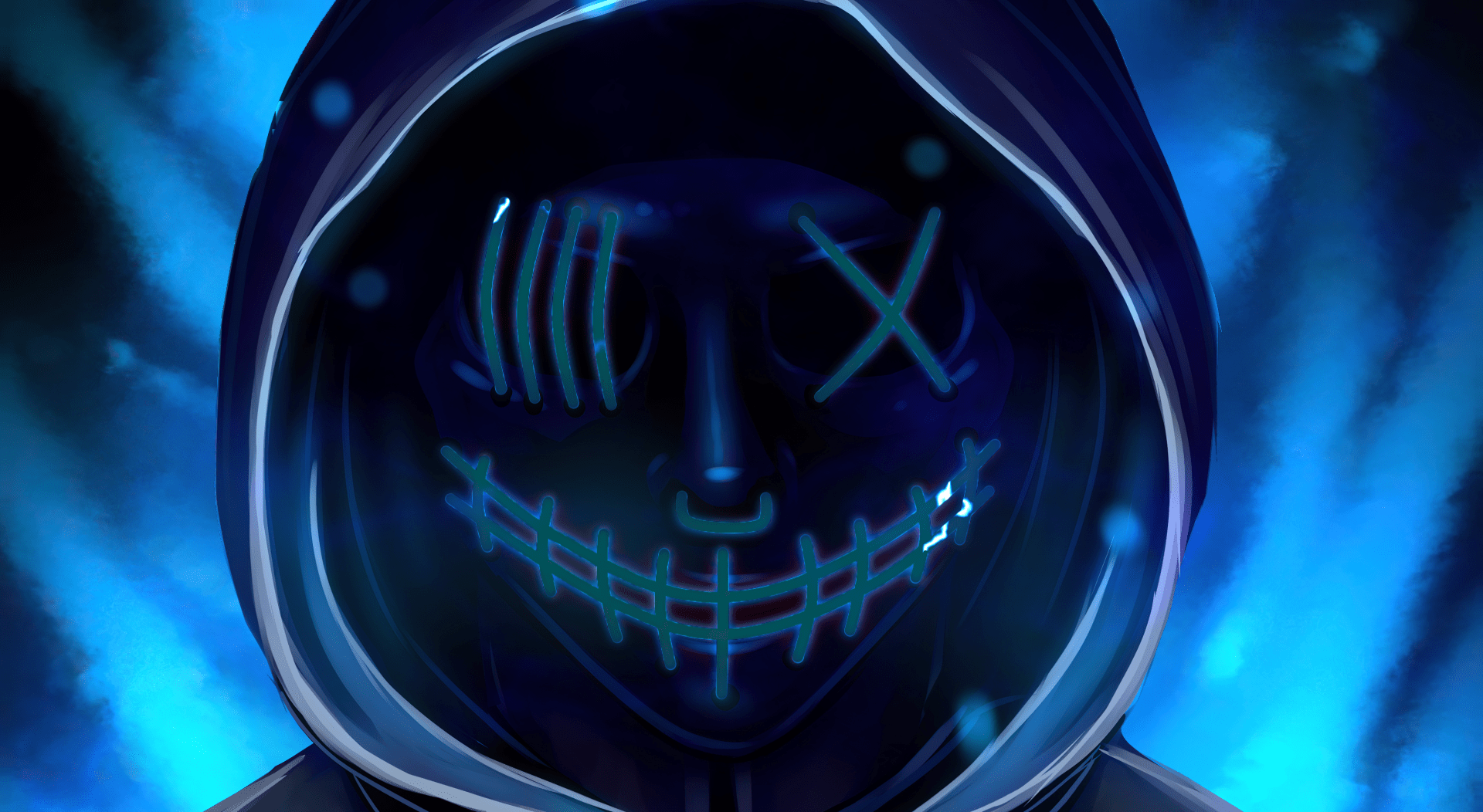 1920x1052 Cyberpunk Blue Neon Mask Audio Responsive 4K live wallpaper [DOWNLOAD FREE]