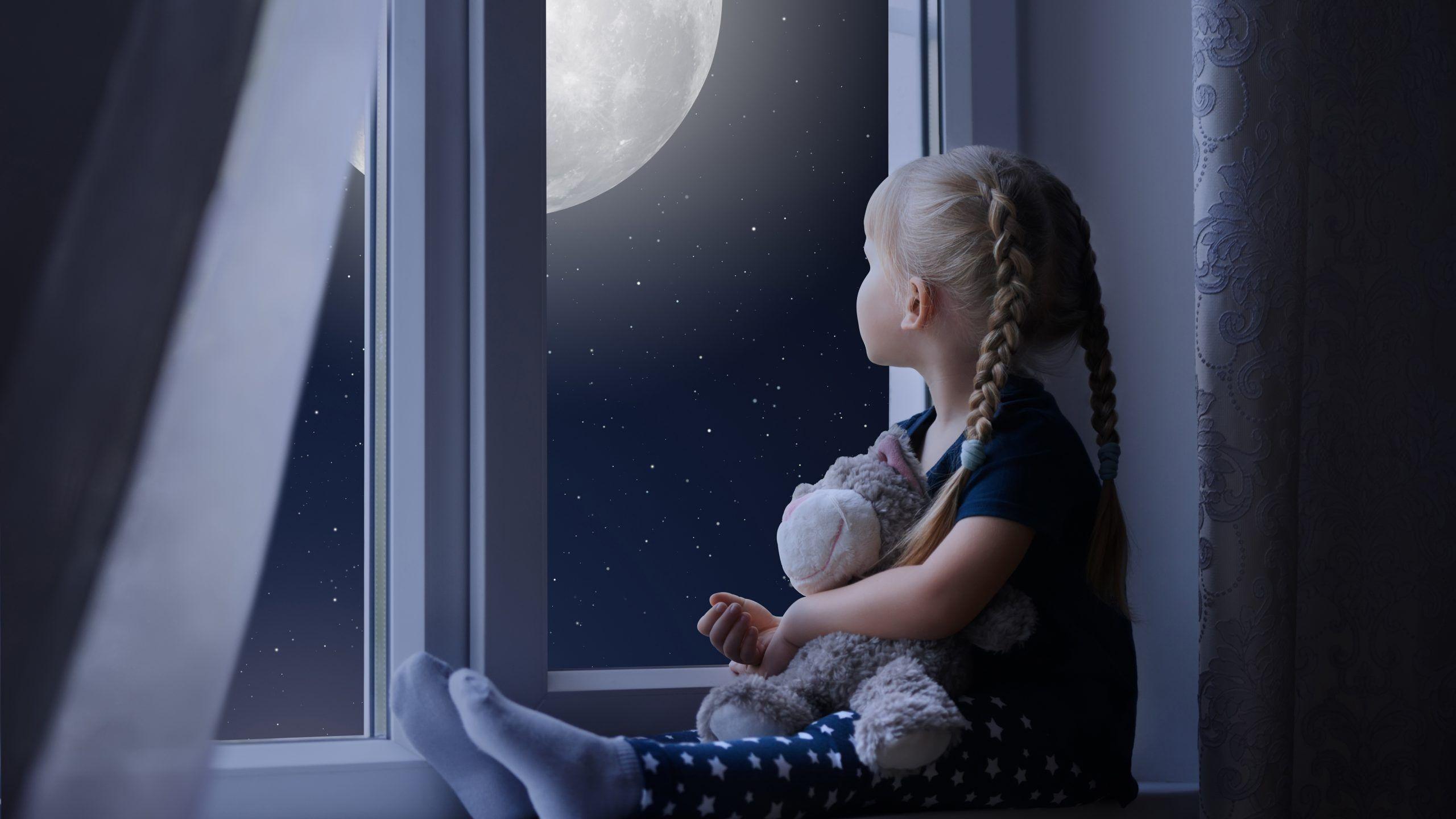 2560x1440 Little Girl Sad Window Teddybear Night Moon 8k Wallpaper Girl With Teddy Bear HD