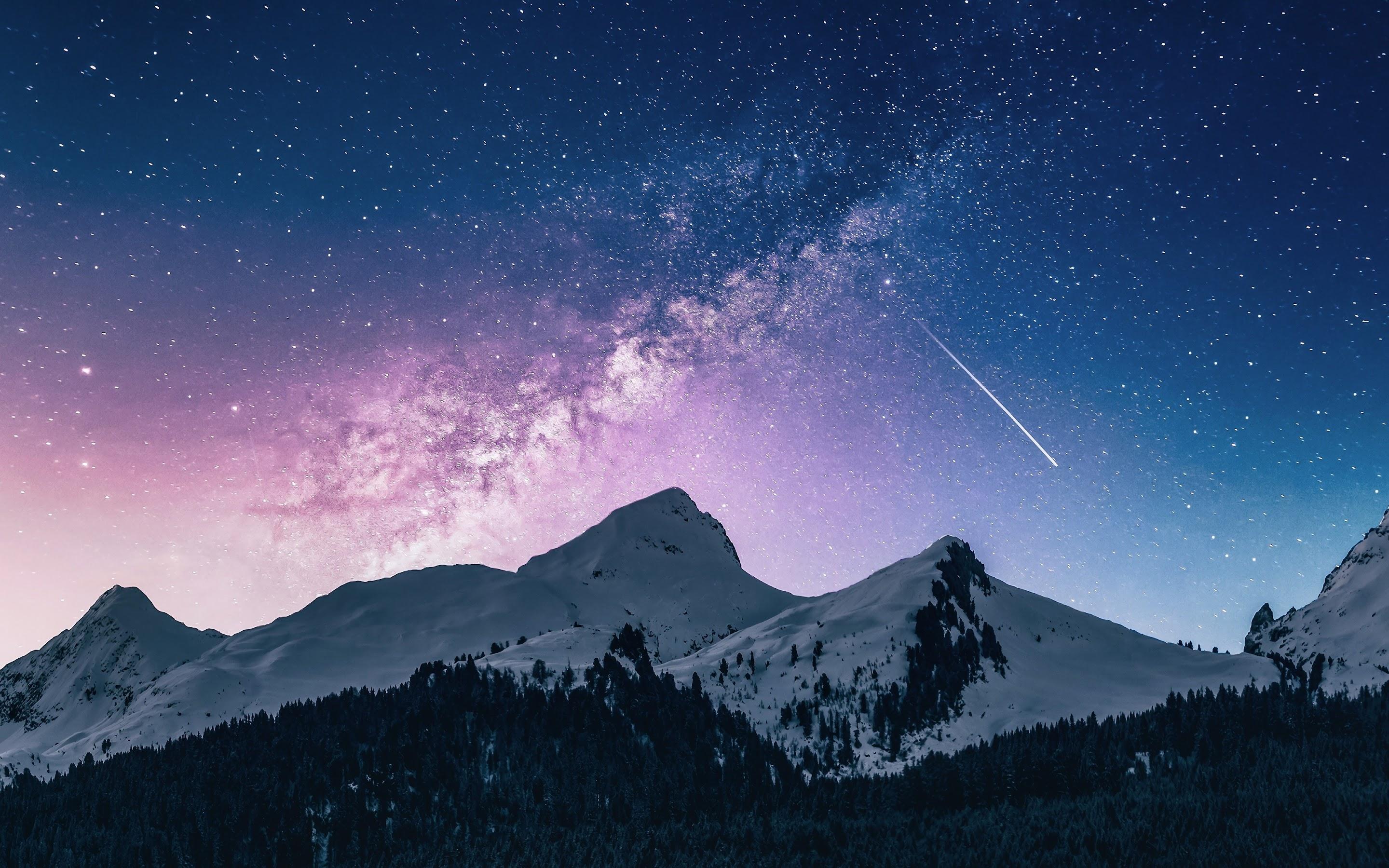 2880x1800 Night Sky Stars Comet Mountains 4K Wallpaper