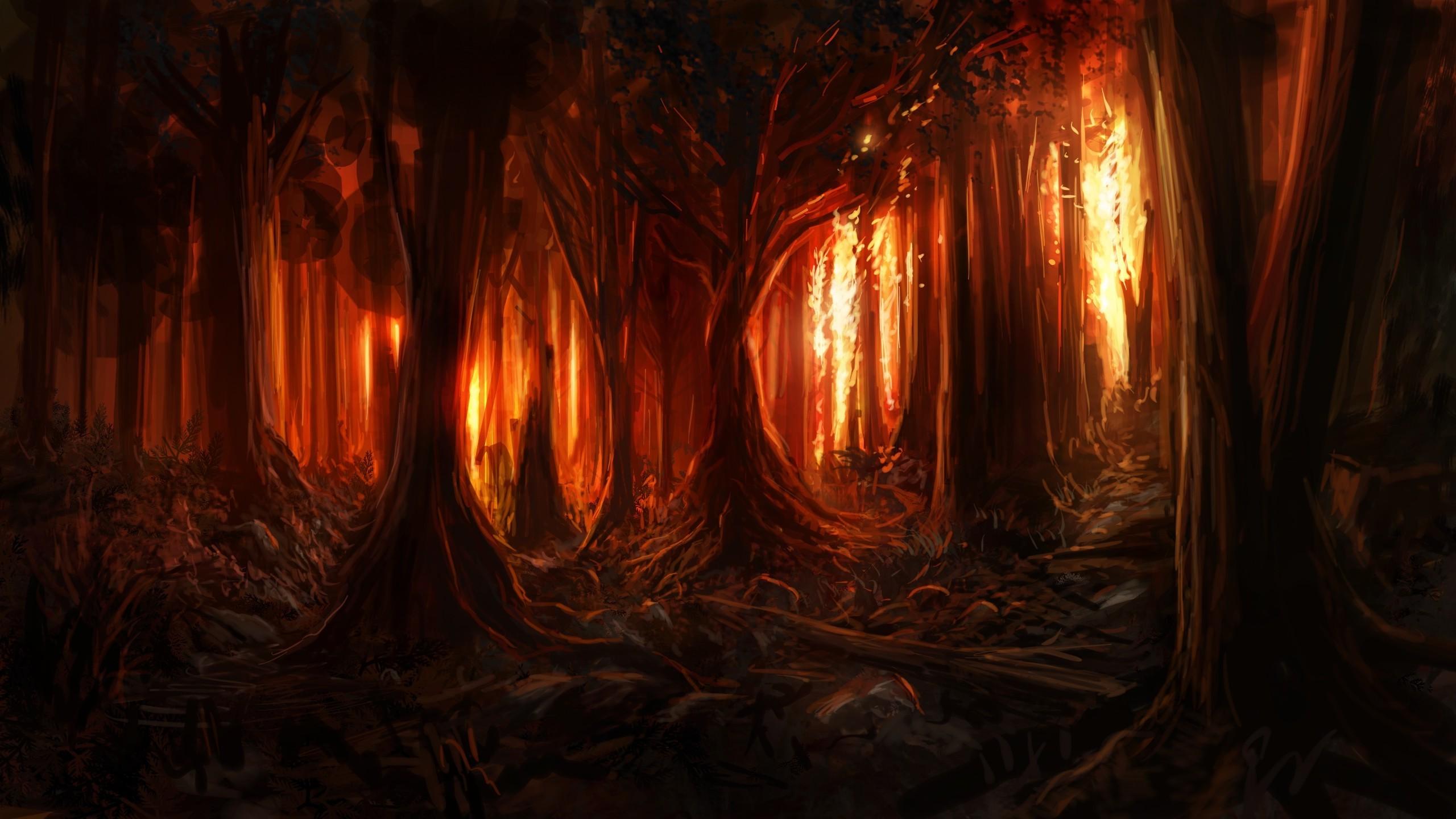 2560x1440 digital Art, Nature, Trees, Forest, Painting, Burning, Fire, Wood, Artwork, Branch Wallpaper HD / Desktop and Mobile Background