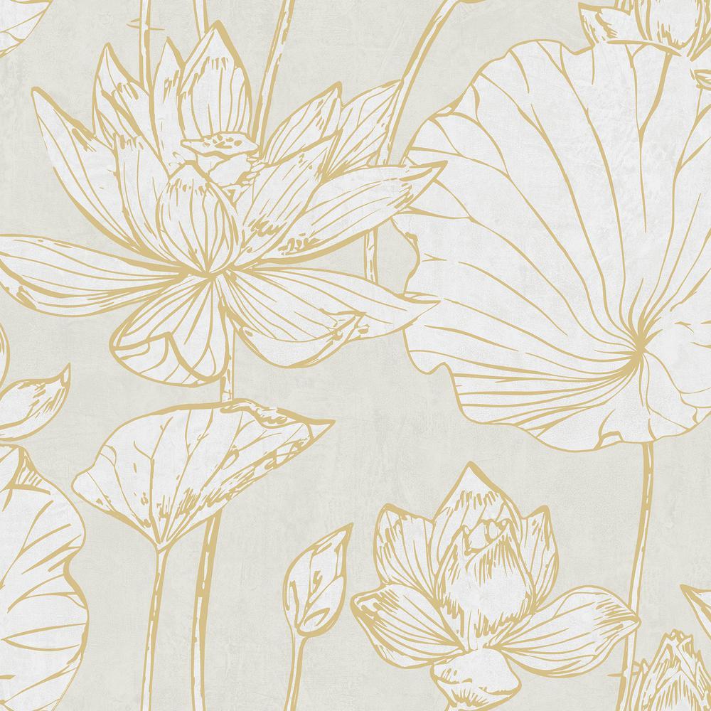 1000x1000 Seabrook Designs Lotus Metallic Gold And Off White Floral Paper Strippable Wallpaper Roll (Covers 60.75 Sq. Ft.) AI42305 Home Depot