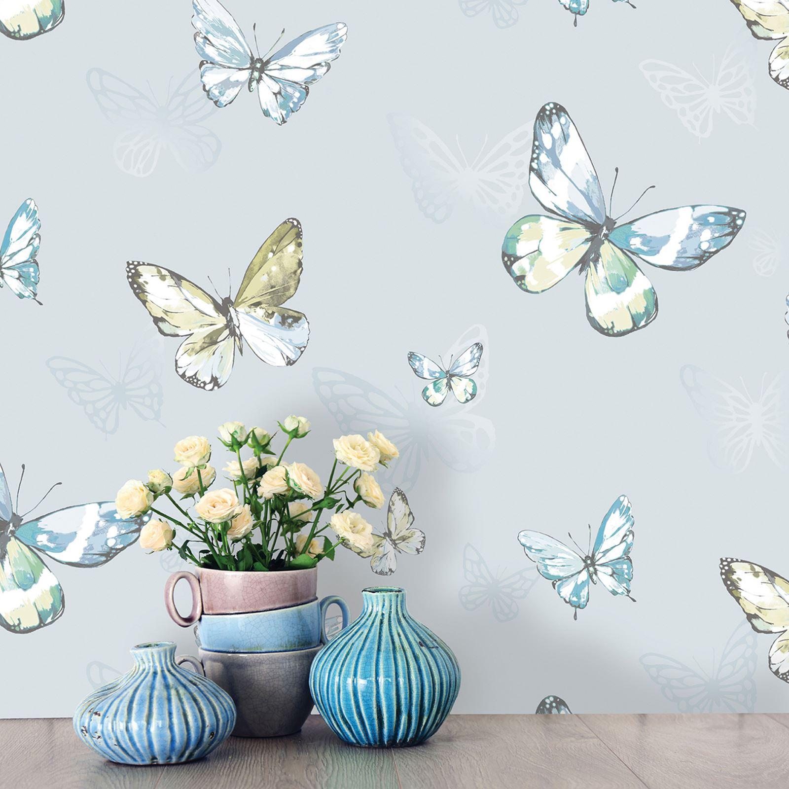 1600x1600 BUTTERFLY WALLPAPER GIRLS BEDROOM DECOR PINK WHITE TEAL PURPLE GLITTER METALLIC
