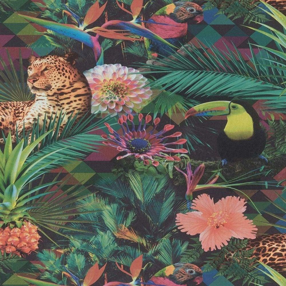 1000x1000 Erismann Animal Tropical Jungle Wallpaper Vinyl Black Green Pink Flower Plants 10083 07
