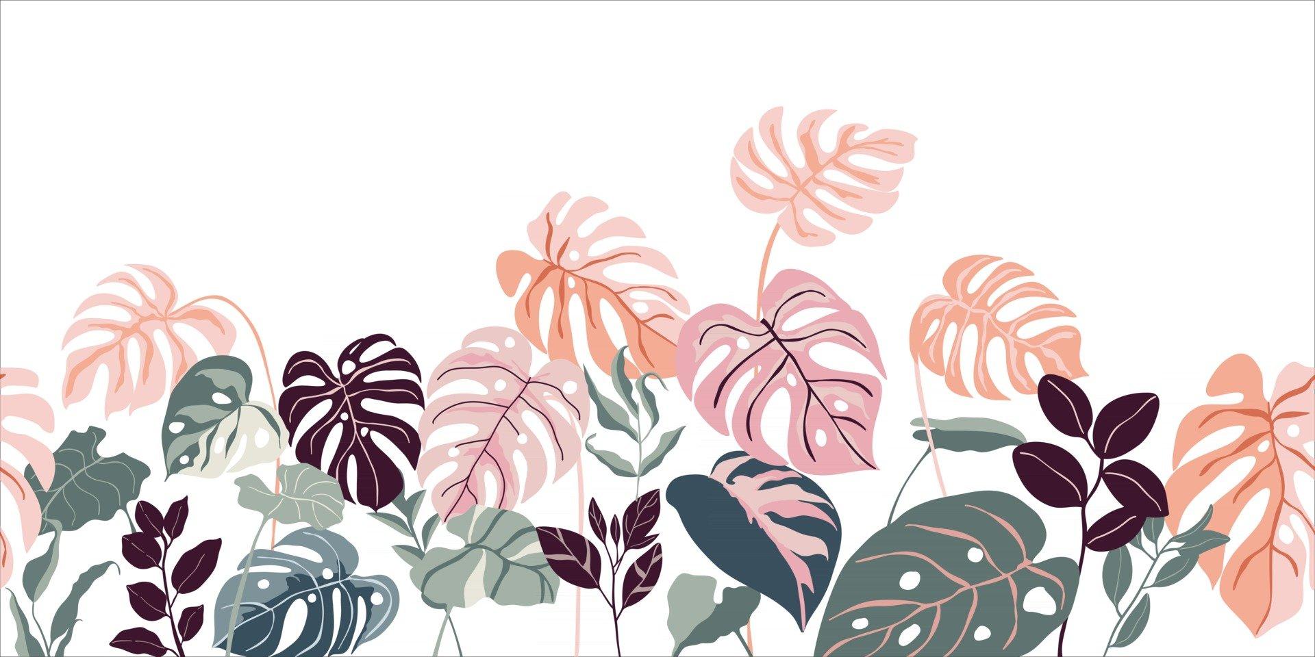 1920x960 Tropical Forest Art Deco Wallpaper. Floral Pattern With Exotic Flowers And Leaves, Split Leaf Philodendron Plant , Monstera Plant, Jungle Plants Line Art On Trendy Background. Vector Illustration