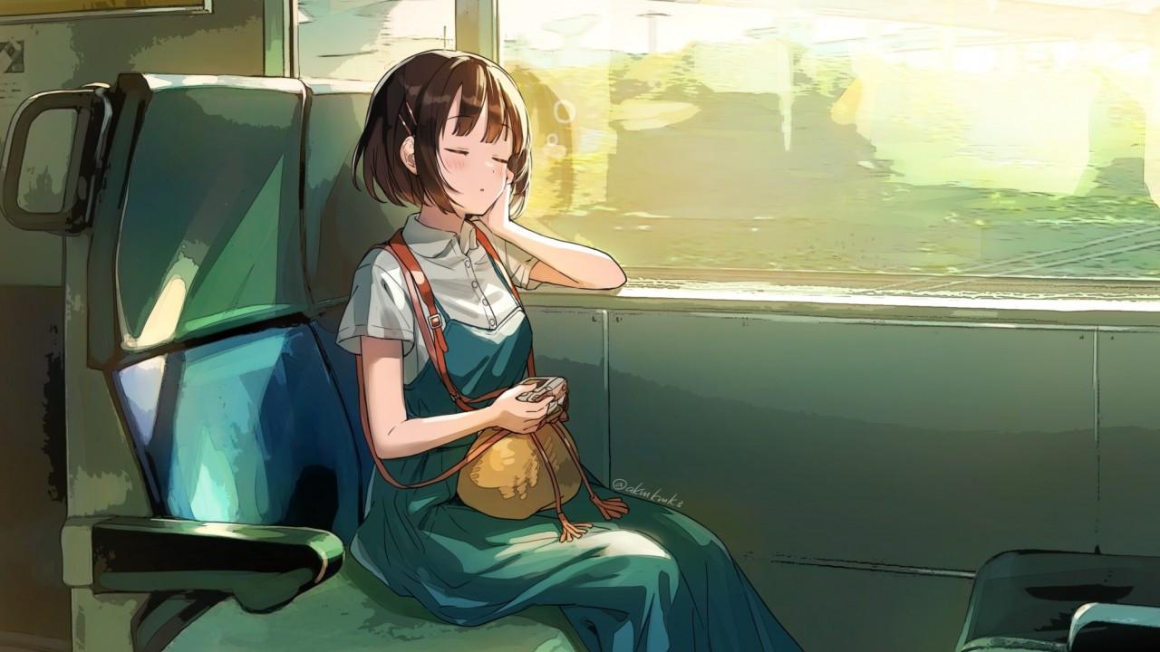 1280x720 Download 1280x720 Sleepy Anime Girl, Train Trip, Dress, Slice Of Life, Windows, Mood, Camera, Short Hair Wallpaper