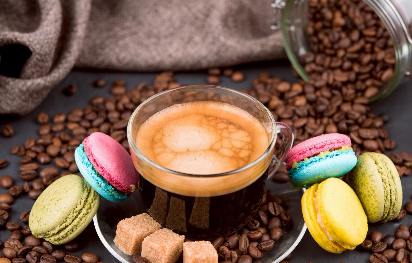 1332x850 Wallpaper coffee, cookies, coffee beans, cup, coffee, macarons, pasta, aromatic image for desktop, section еда