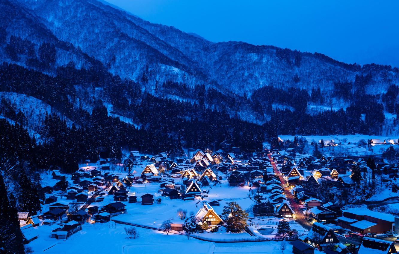 1332x850 Wallpaper Winter, Snow, Mountains, Night, Lights, Home, Japan, The Island Of Honshu, Gokayama, Shirakawa Go Image For Desktop, Section пейзажи