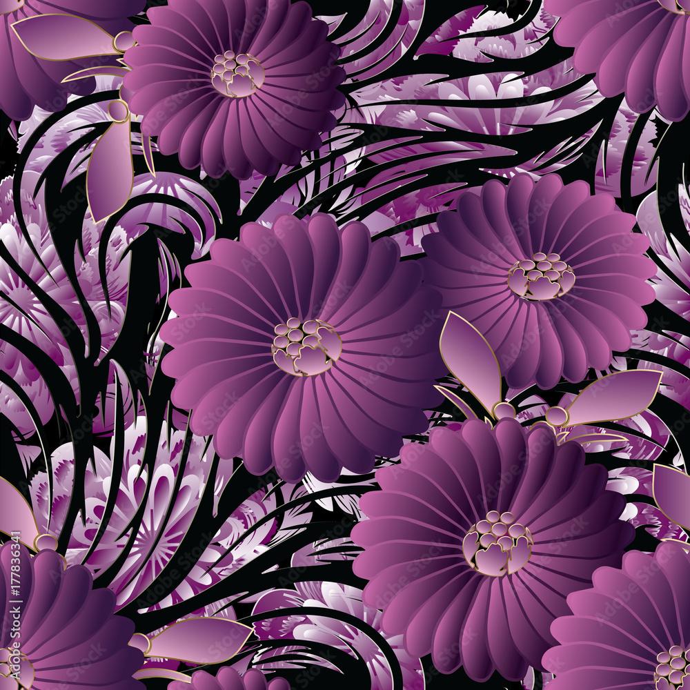 1000x1000 3D flowers seamless pattern. Vector floral background wallpaper illustration with vintage hand drawn 3D violet purple flowers, ornamental leaves and line art decorative ornaments. Surface texture. Stock Vector