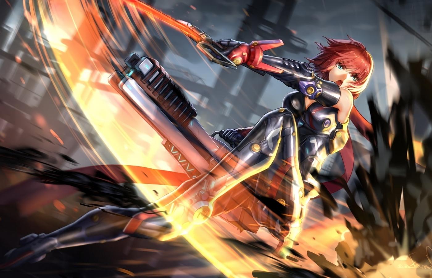 1400x900 Wallpaper Anime Girl, Sci Fi, Bodysuit, Sword, Fighting:2304x1296