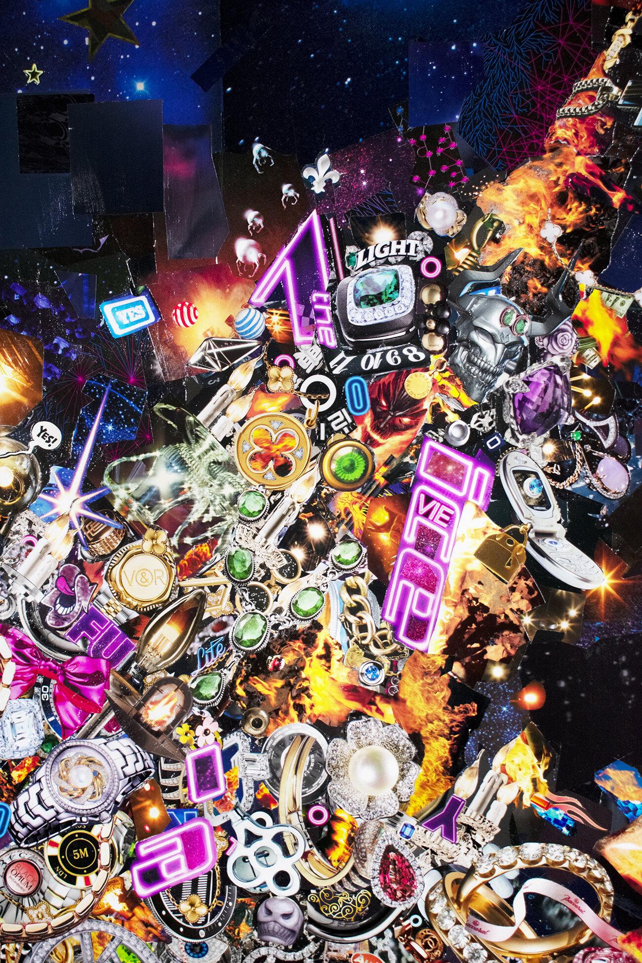 1300x1950 Flaming Chandelier, 2020. Original collage by contemporary artist Jay Cabalu