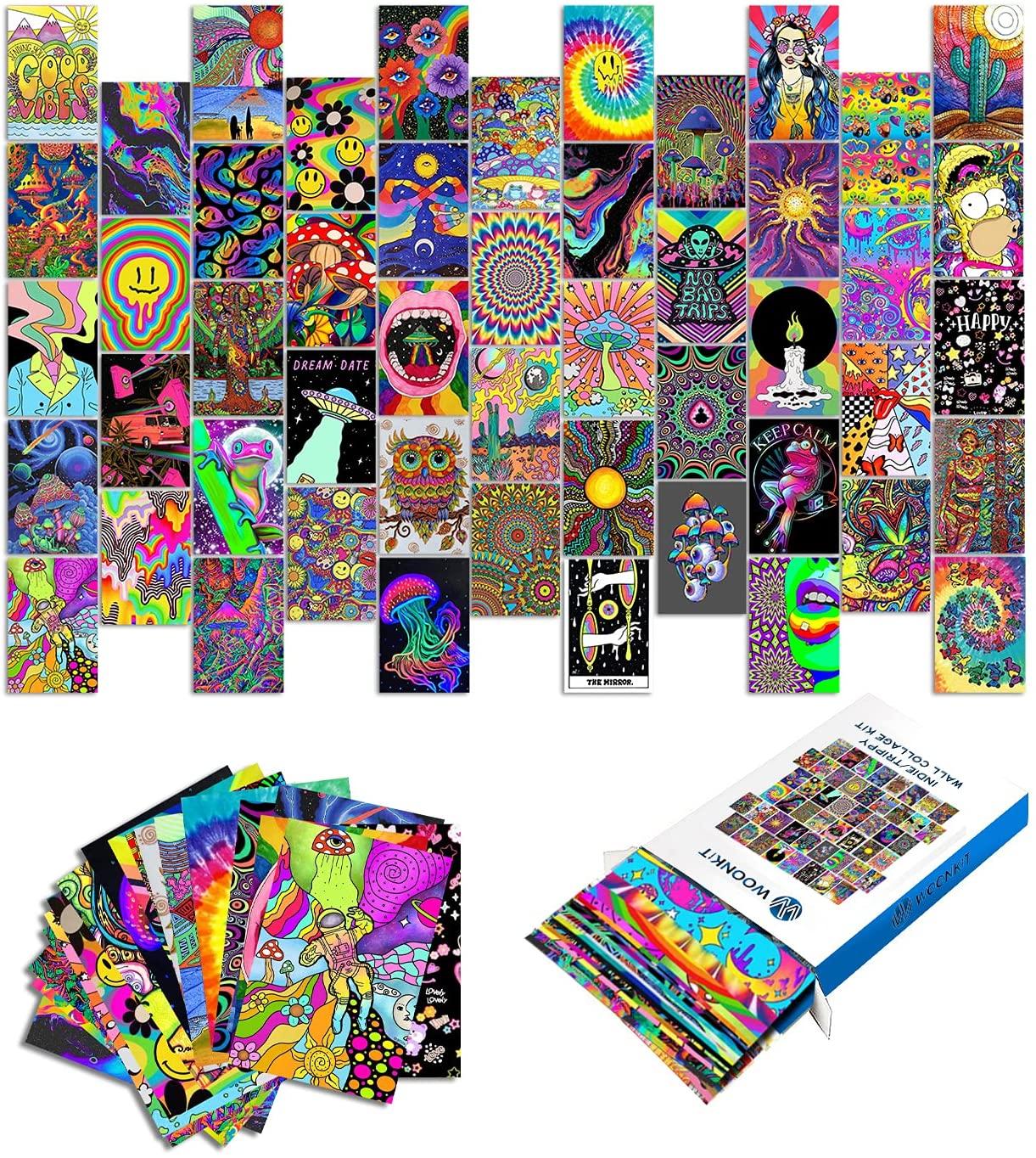 1221x1364 Woonkit Trippy Room Decor, Indie Room Decor, Hippie Room Decor, Indie Hippie Trippy Posters, Teen Wall Bedroom Dorm Aesthetic Poster, Photo Wall Collage Kit Picture, Psychedelic Posters, 50PCS 4X6 INCH: Posters