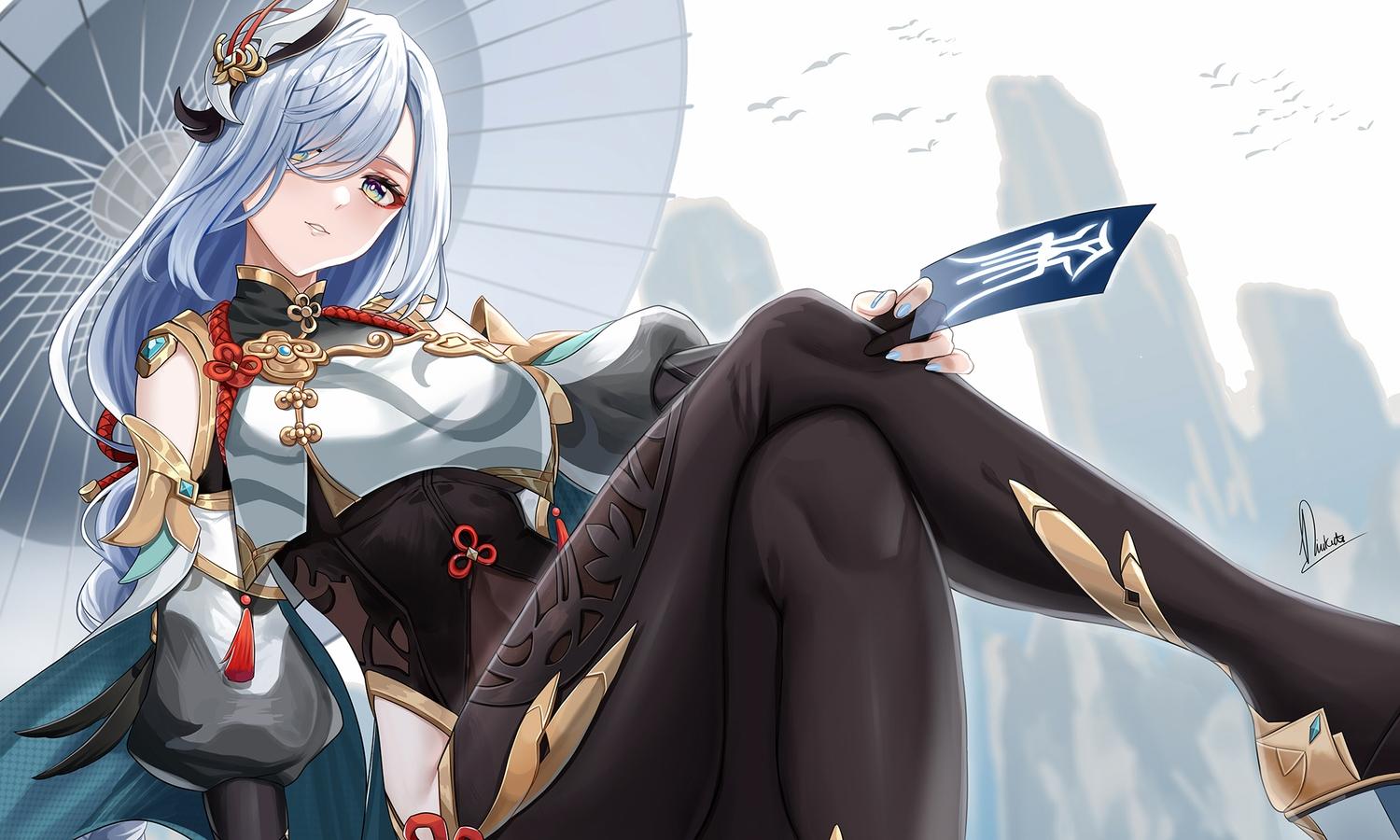 1500x900 chinese clothes elbow gloves genshin impact gloves gray hair green eyes leotard long hair ofuda piukute062 rope shenhe (genshin impact) signed. konachan.com.com Anime Wallpaper