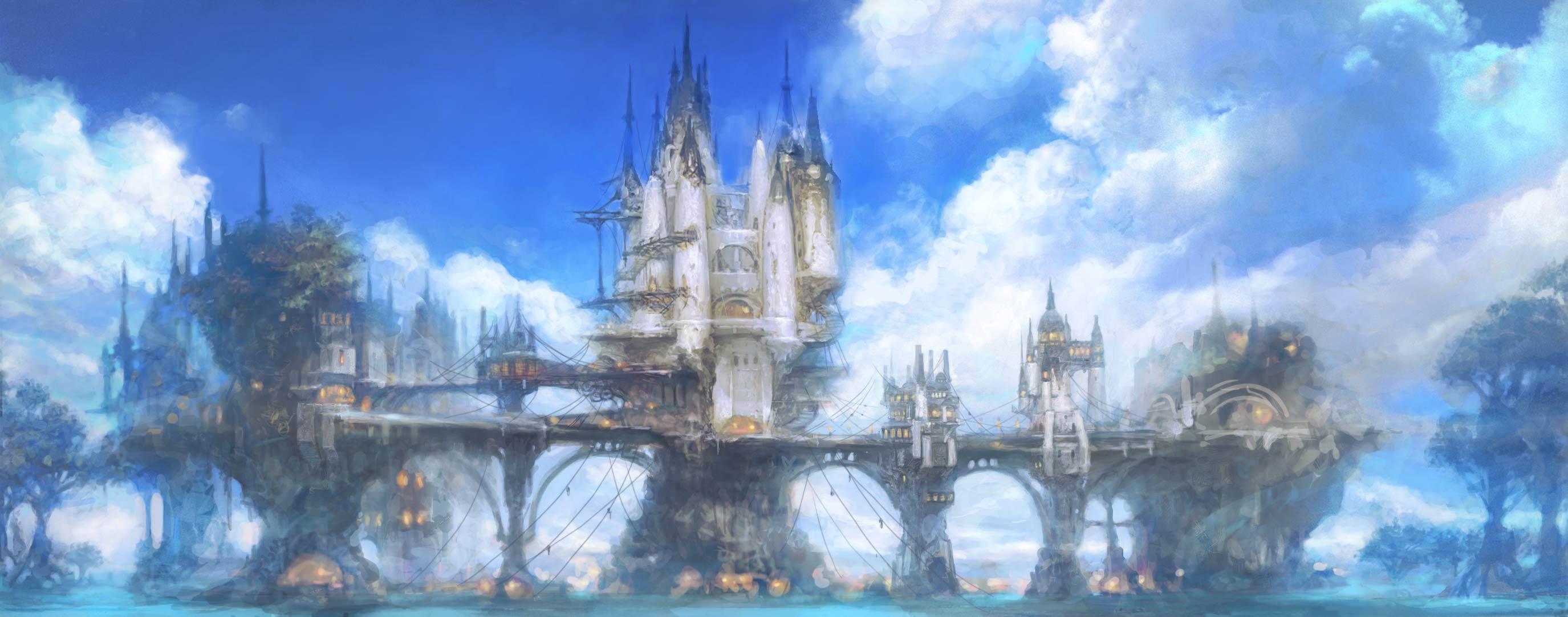 2750x1083 Dual Screen Water Cycle Fantasy 14 City