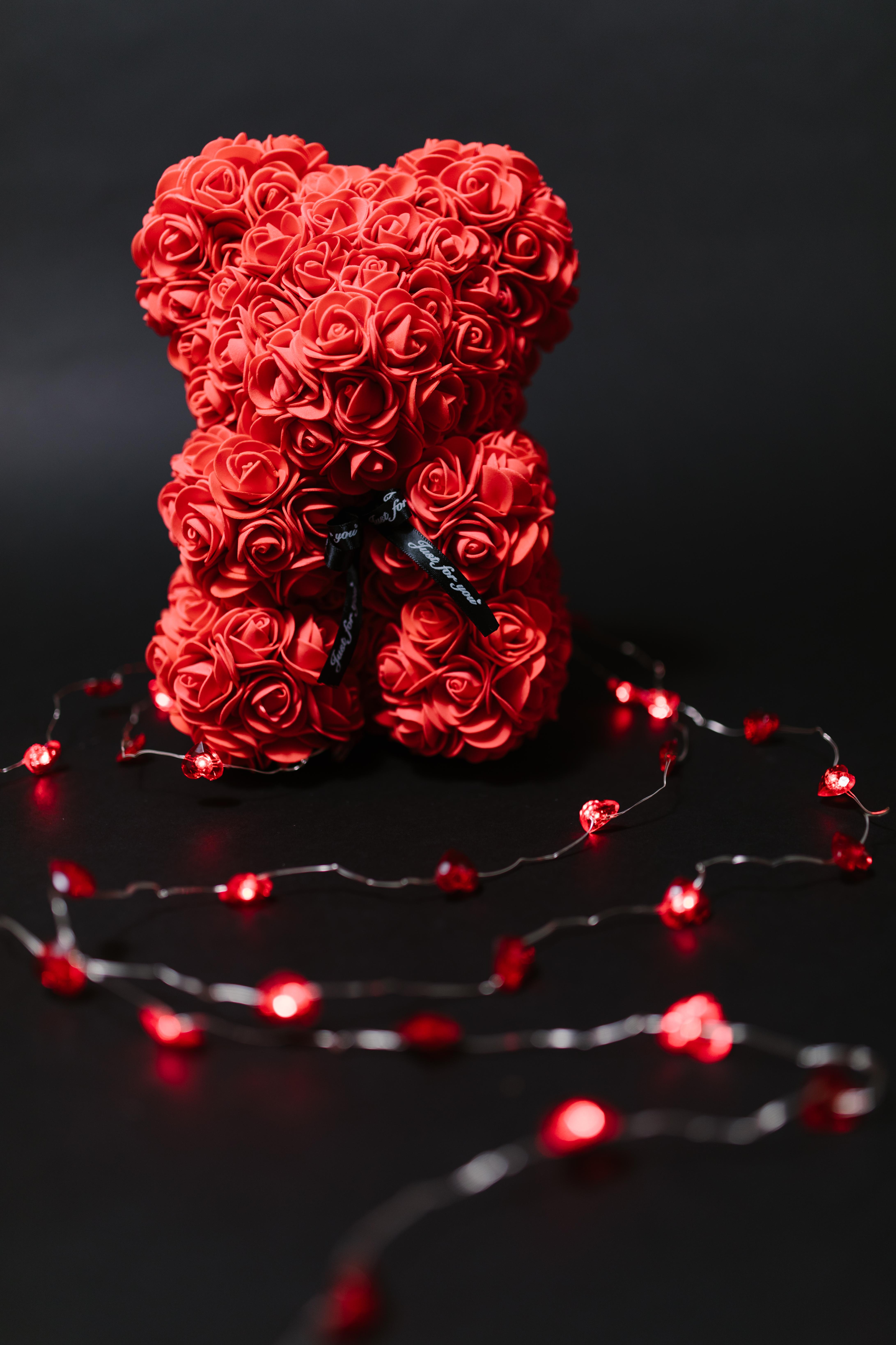 4365x6547 Red Teddy Bear Shaped Valentine's Gift on Black Background · Free