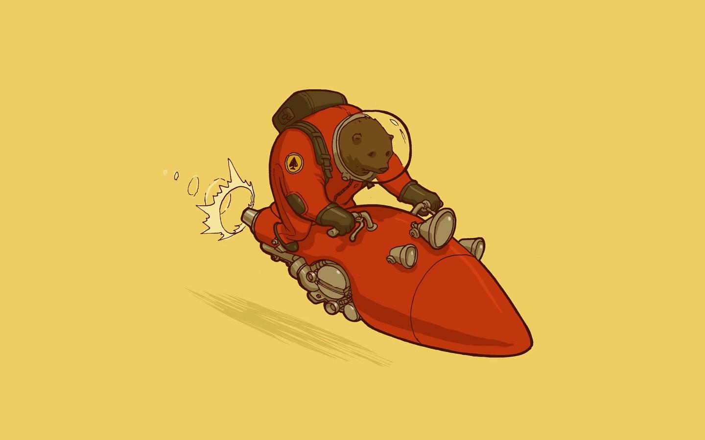 1440x900 Bears Rocket Red Yellow Cartoon Science Fiction Spades Humor Yellow Background Simple Background Wallpaper:1440x900