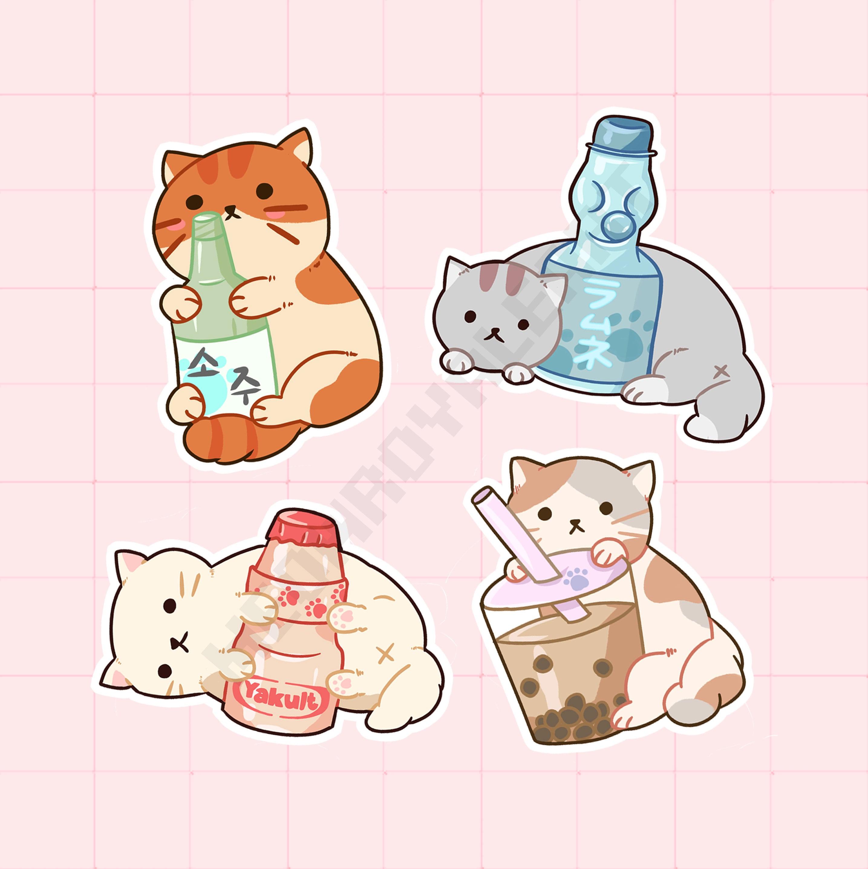 2870x2871 Cat With Asian Drinks Stickers Bubble Tea