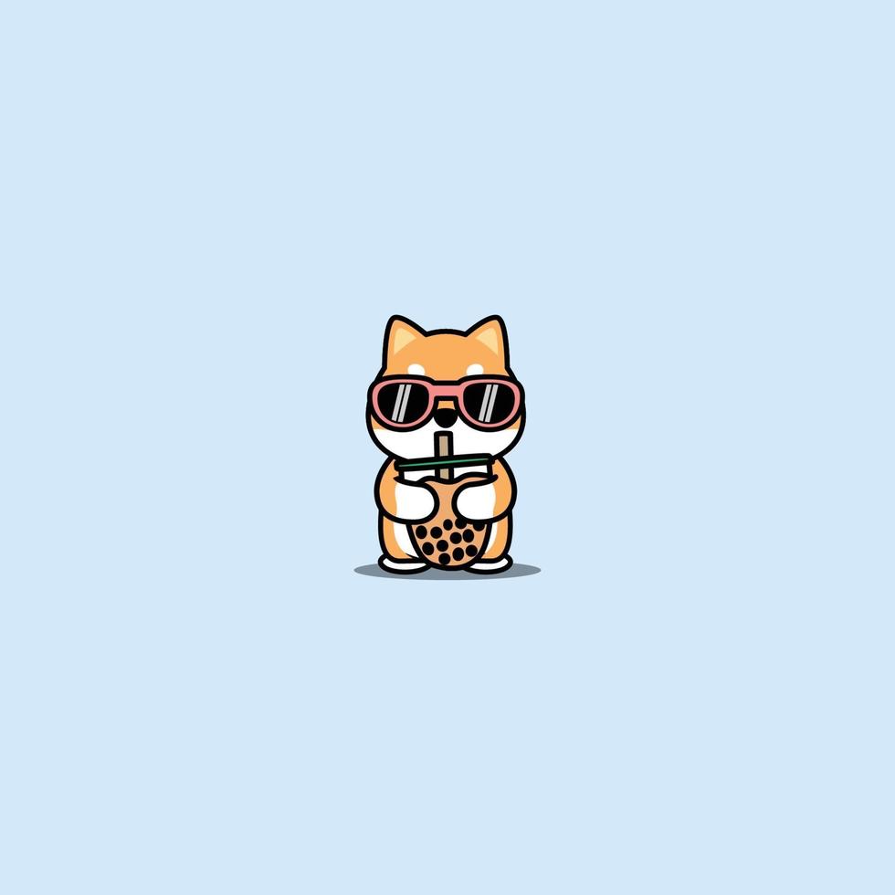 980x980 Cute shiba inu dog with sunglasses drinking bubble tea cartoon, vector illustration