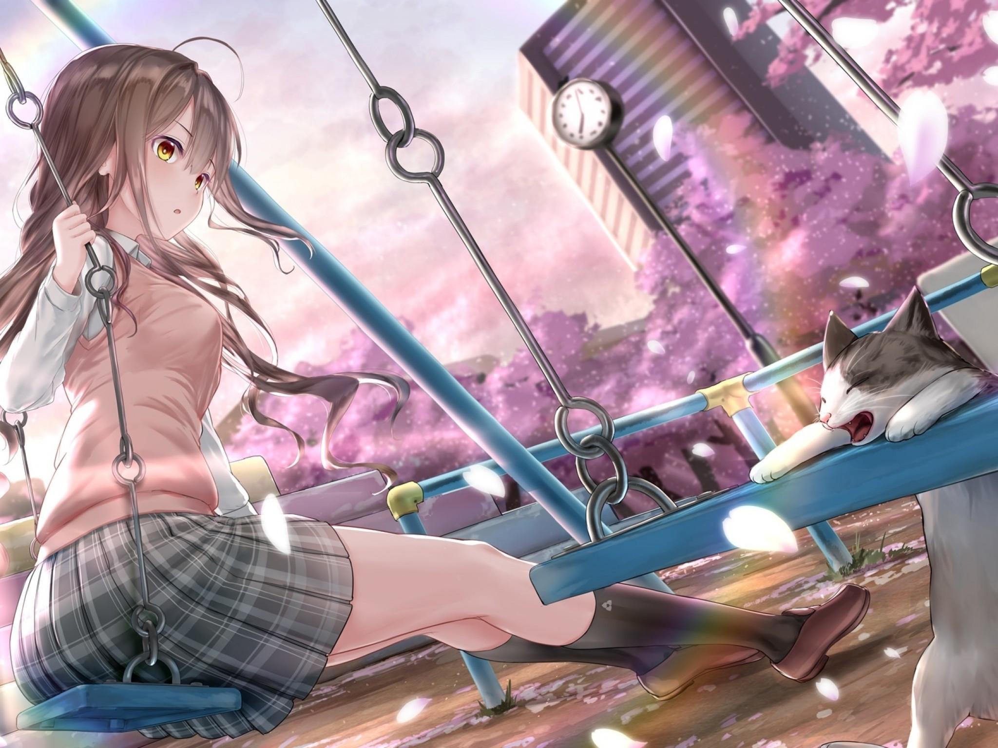 2048x1536 Download 2048x1536 Anime Girl, Funny Cat, Swing, Cherry Blossom, Brown Hair, School Uniform Wallpaper for Ainol Novo 9 Spark