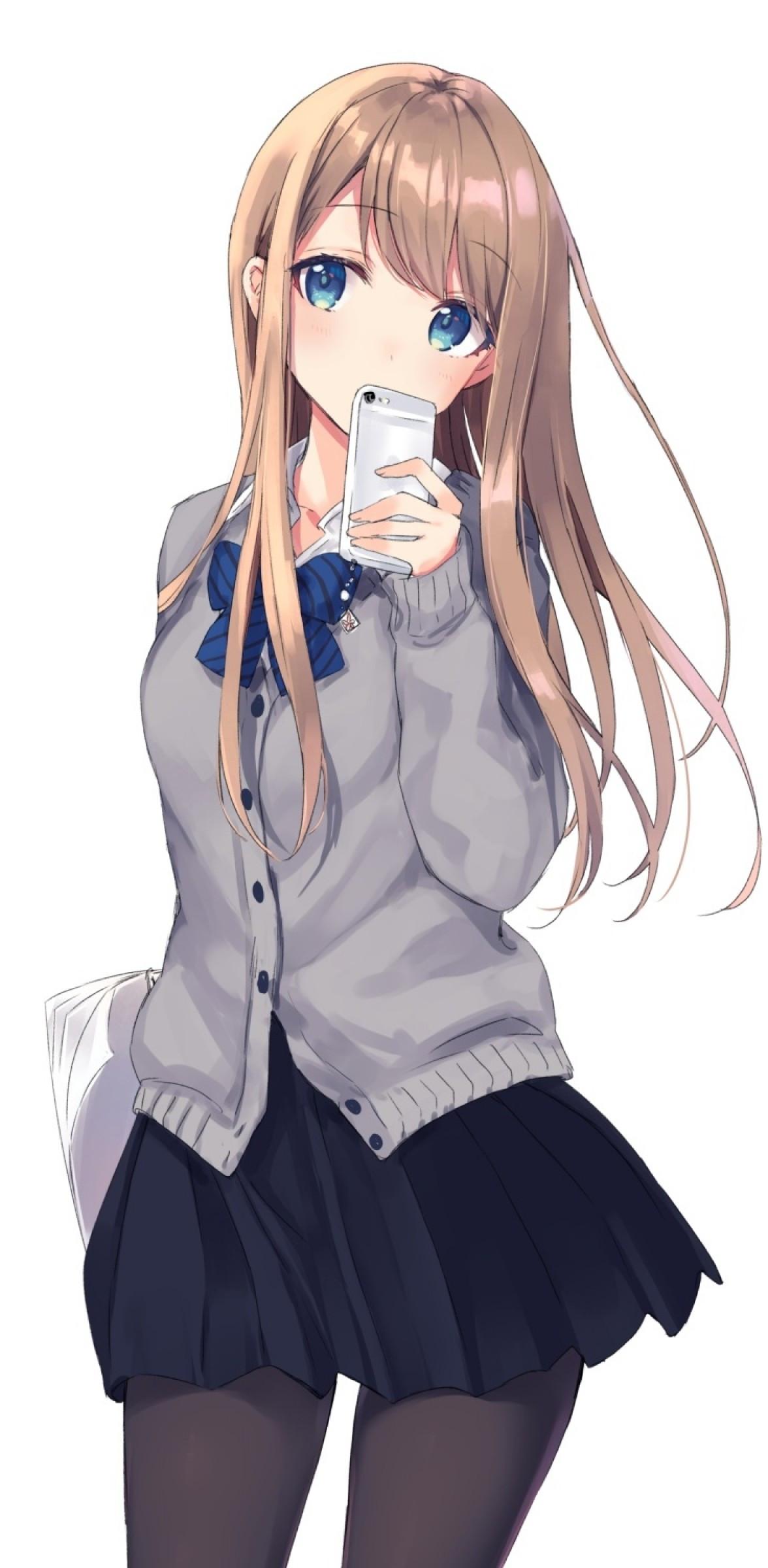 1176x2400 Download 1176x2400 Anime School Girl, Brown Hair, School Uniform, Blue Eyes, Smartphone Wallpaper for Huawei Mate 30 Pro