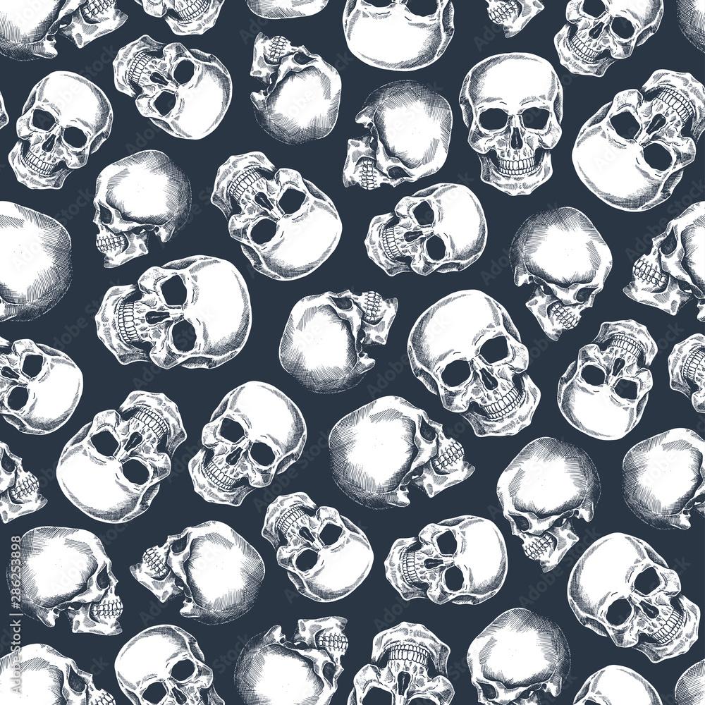 1000x1000 Skull seamless pattern. Halloween party wallpaper. Human skeleton background. Vector illustration Stock Vector