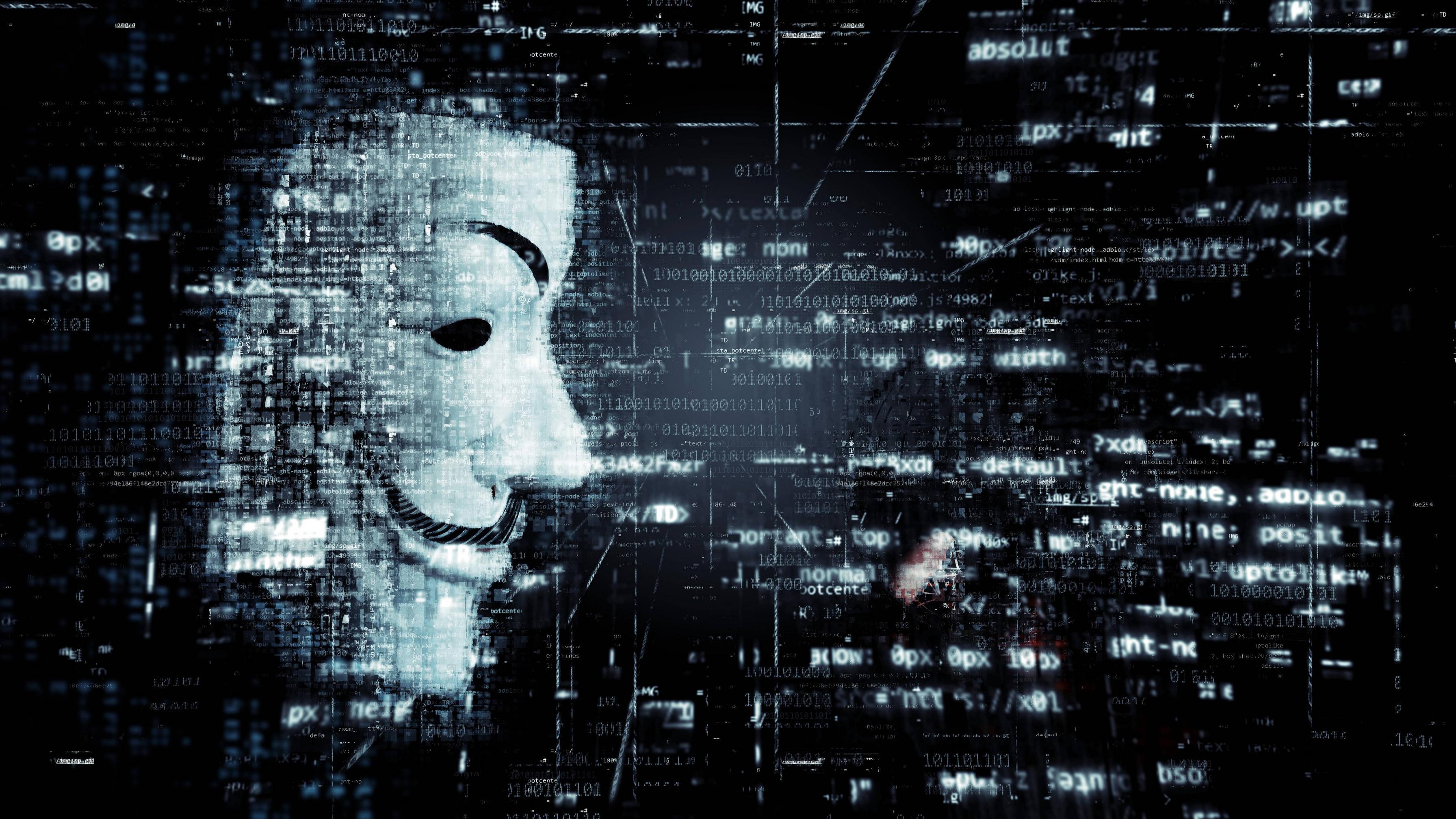 3584x2016 Anonymous Hacker Mask on Numeric Code Background Desktop wallpaper 1600x1200
