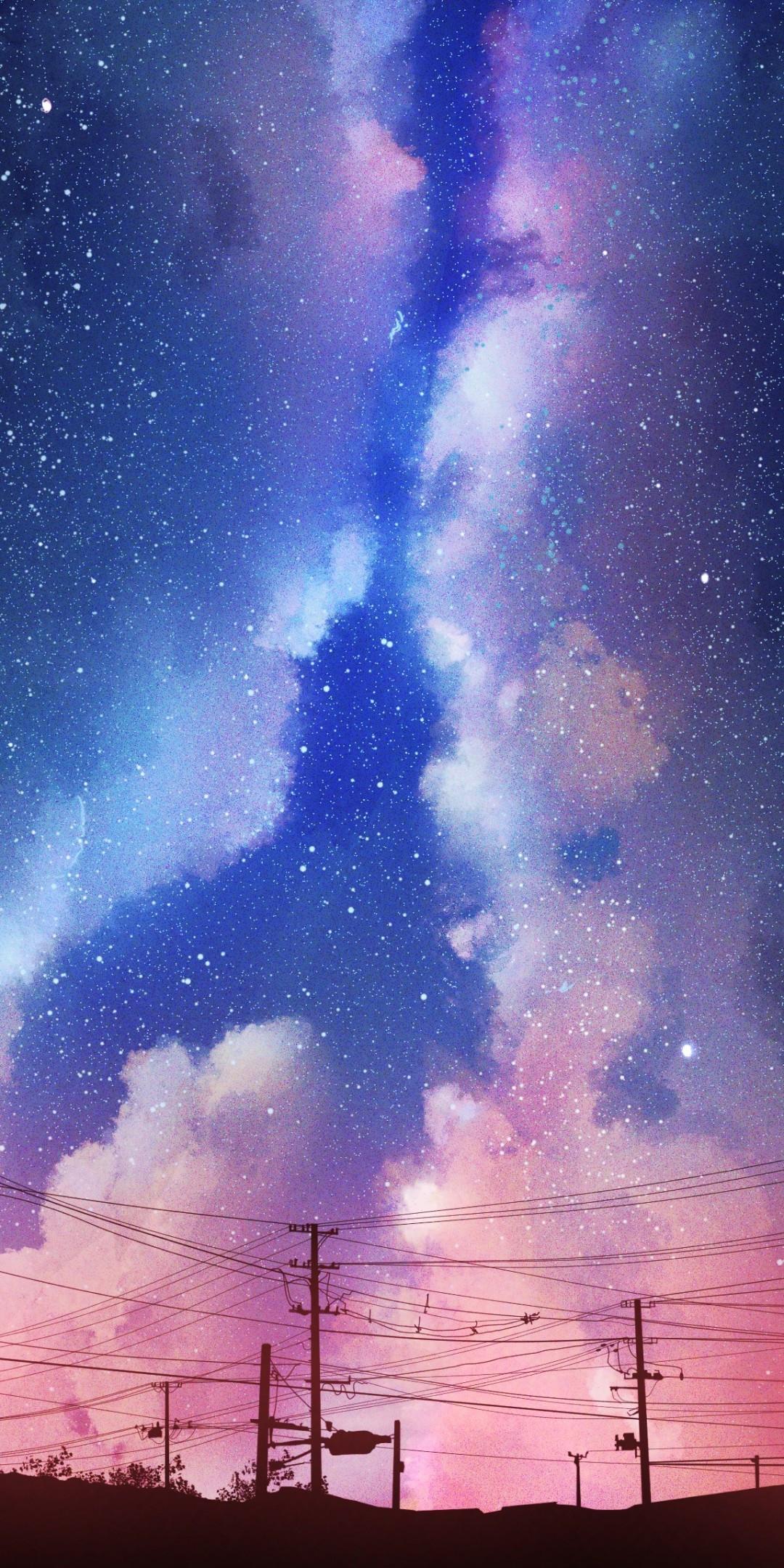 1080x2160 Download 1080x2160 Anime Sky, Night, Scenic, Starry Sky, Dark, Clouds, Falling Stars Wallpaper for Huawei Mate 10