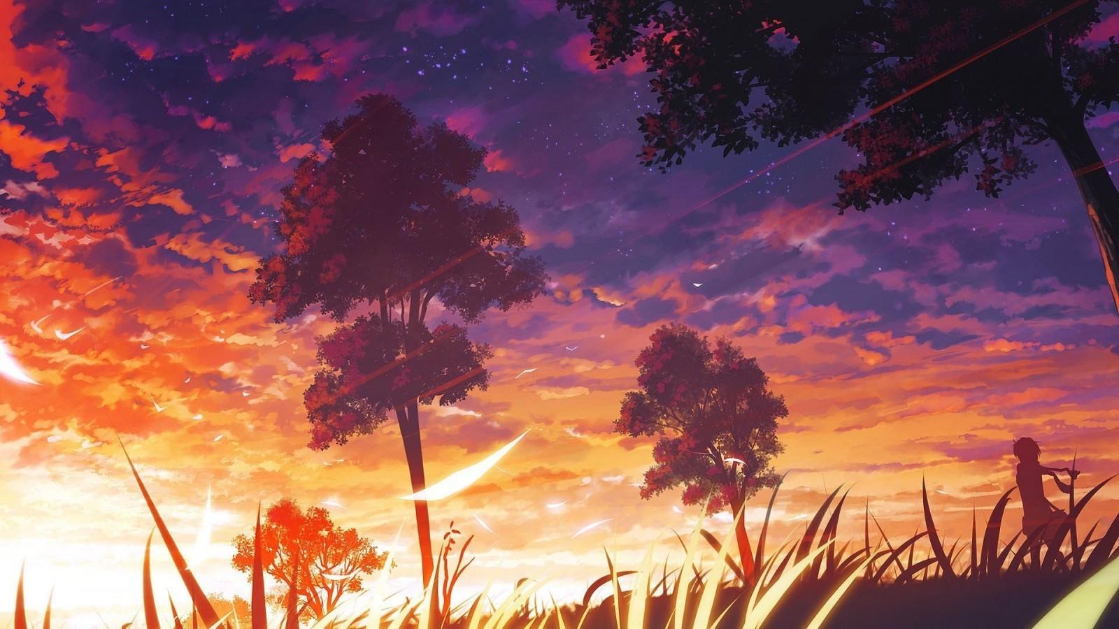 1600x900 sunlight, trees, landscape, sunset, anime, sky, purple, sunrise, evening, morning, orange, atmosphere, dusk, cloud, tree, autumn, dawn, computer wallpaper, afterglow High quality walls