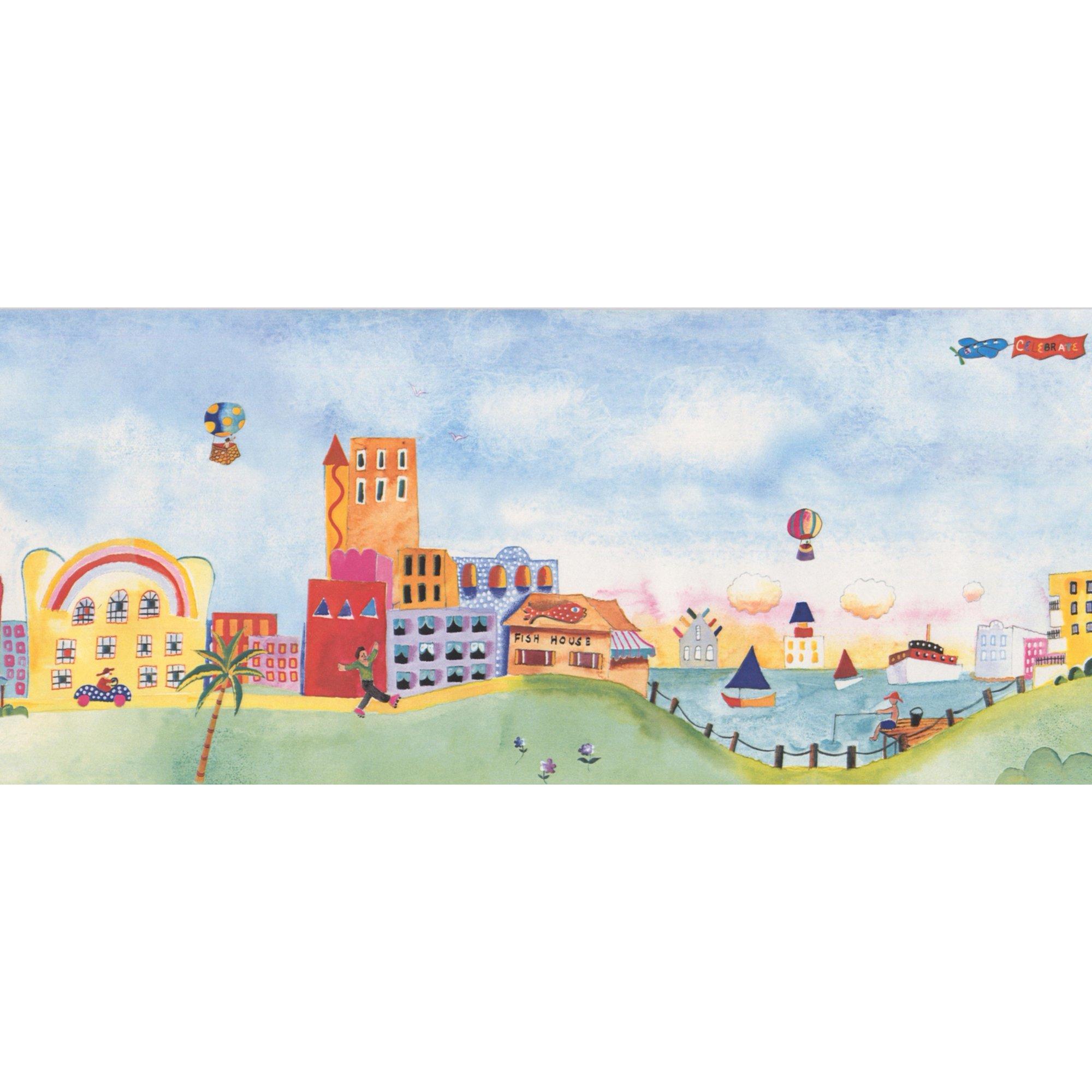 2000x2000 Cartoon Town on the Lake Red Yellow Orange Buildings Ship Baloon Kids Wallpaper Border for Bedroom Bathroom Playroom, Roll 15' x 6