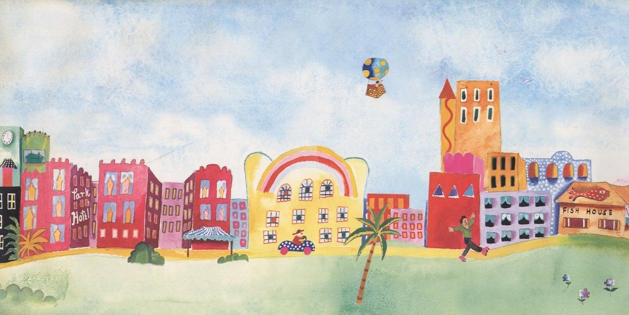1280x642 Cartoon Town on the Lake Red Yellow 110034 Wallpaper Border for walls