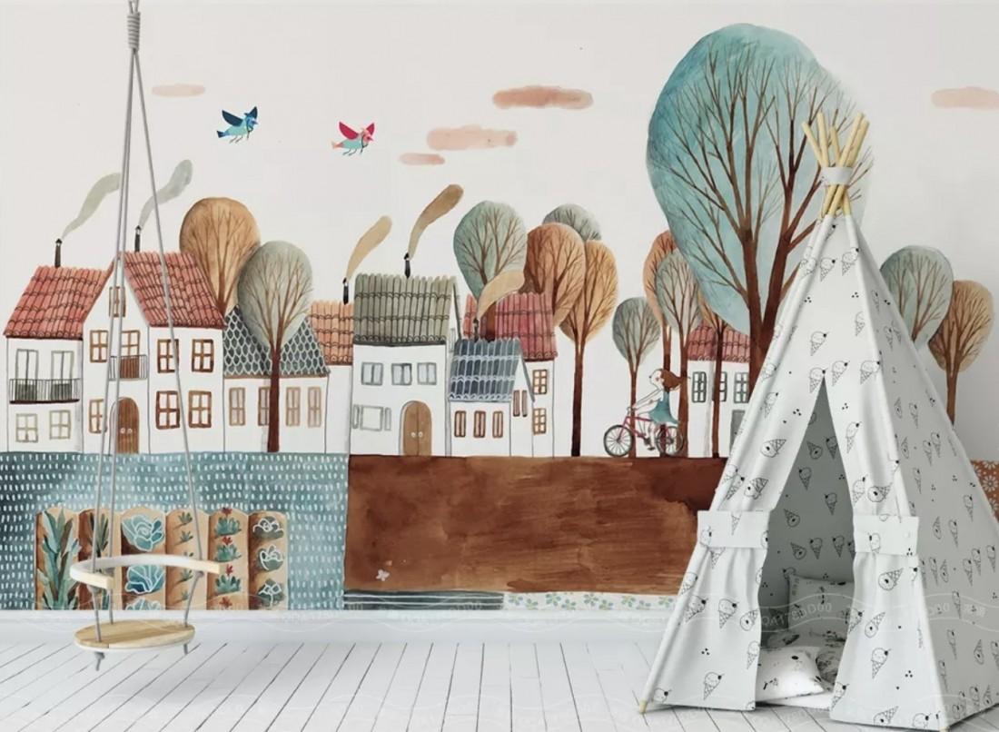 1100x806 Cartoon Abstract Village Landscape Wallpaper Mural • Wallmur®