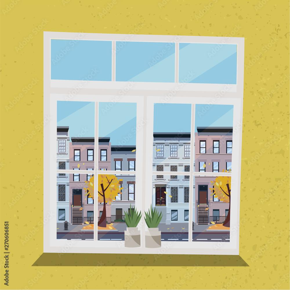 1000x1000 Window with view of houses on street with road in town and yellow trees, flying leaves. Autumn interior with plants and yellow wallpaper. Sunny good weather outside. Flat cartoon illustration. Stock Illustration