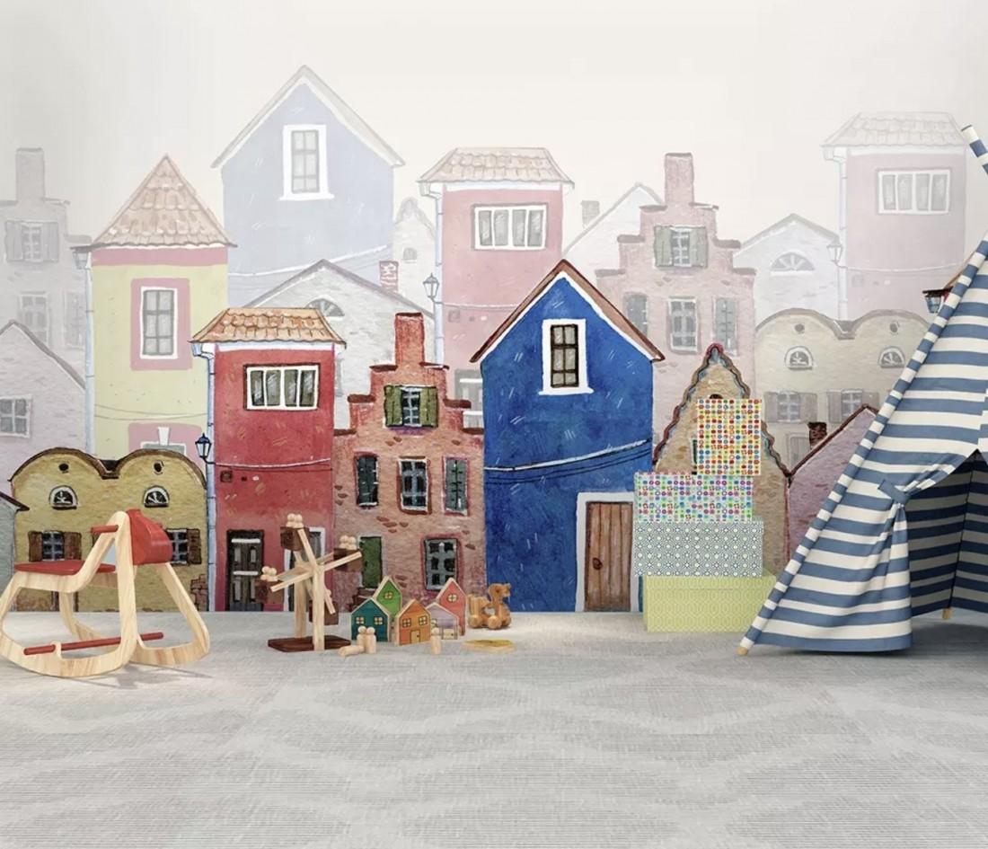 1100x945 Watercolor Cartoon Town Street Wallpaper Mural • Wallmur®