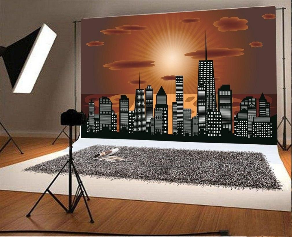 1010x821 Photography Backdrop Cartoon City Landscape Town Wallpaper Illration Sun Cloud Skyscraper. Background