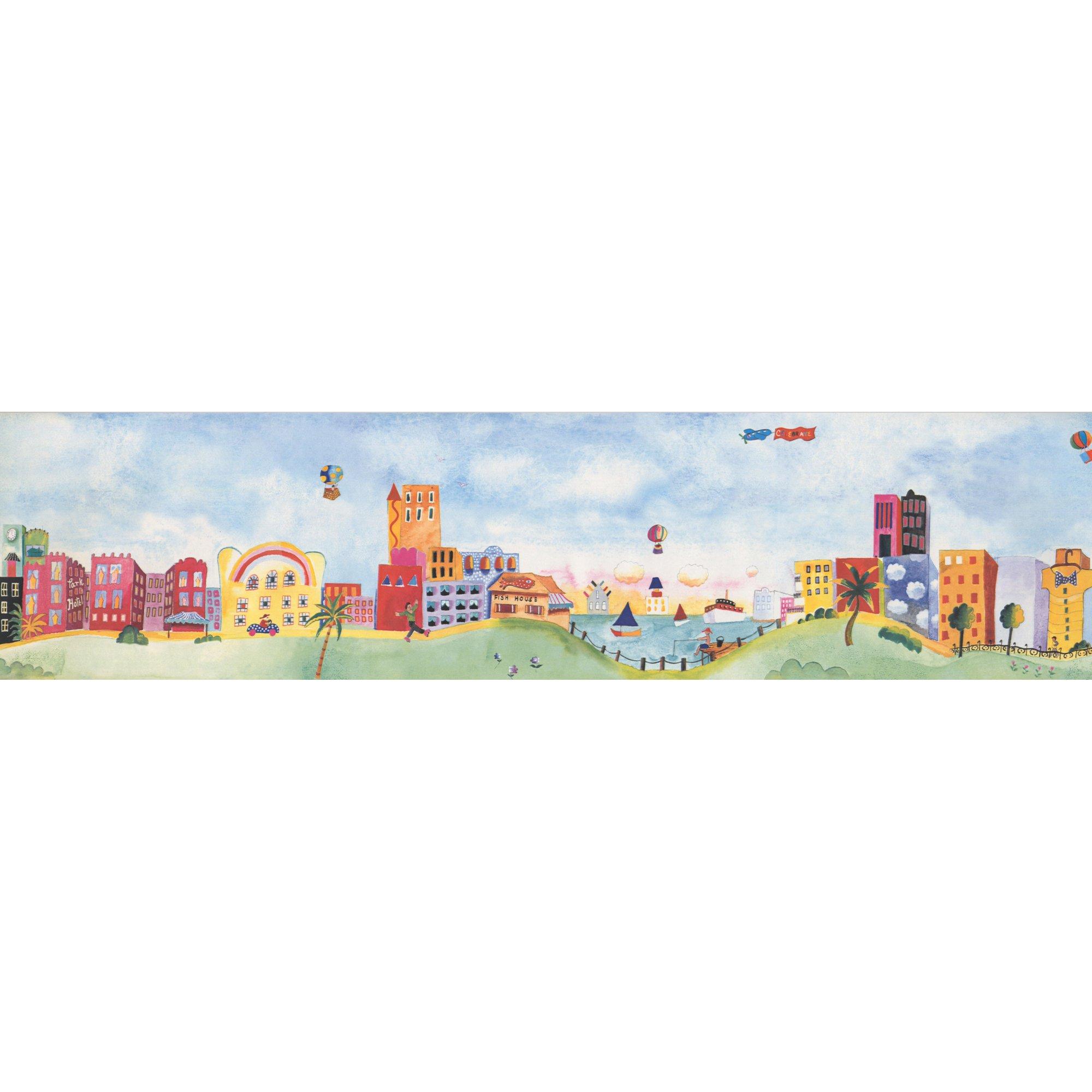 2000x2000 Cartoon Town on the Lake Red Yellow Orange Buildings Ship Baloon Kids Wallpaper Border for Bedroom Bathroom Playroom, Roll 15' x 6