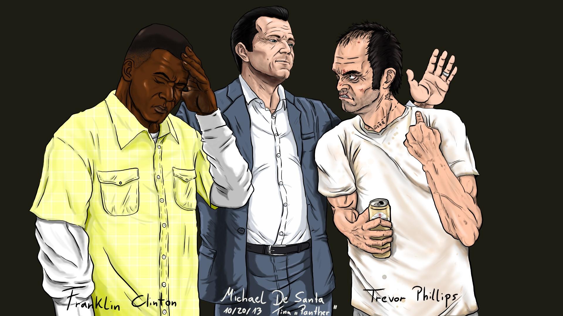 1920x1080 Michael De Santa, Franklin Clinton, Trevor Phillips, GTA Painting Art, Men, Three Negroid HD Wallpaper