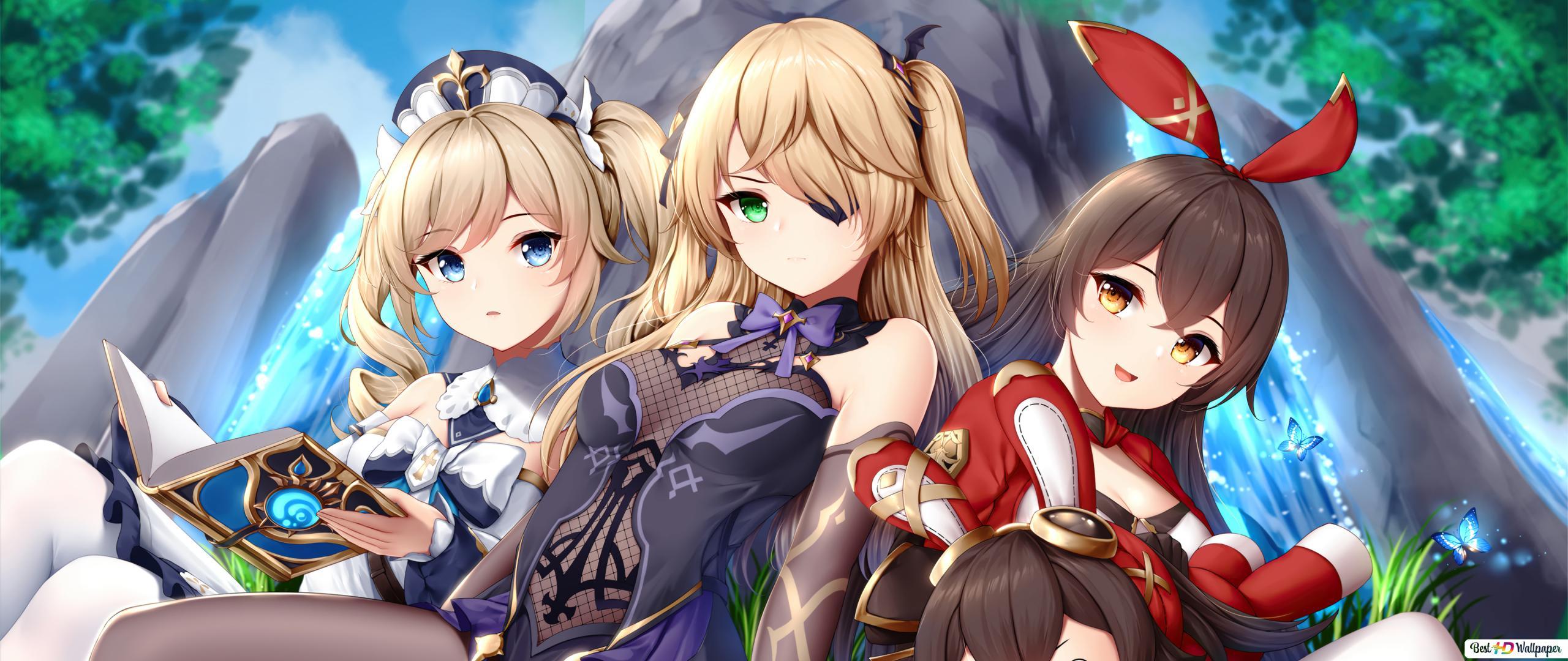 2560x1080 Fischl with Barbara & Amber Impact (Anime Video Game) HD wallpaper download Games wallpaper