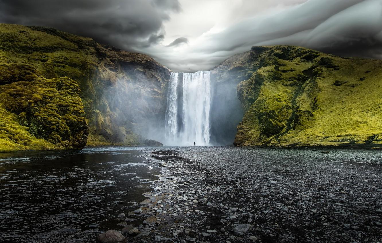 1332x850 Wallpaper water, clouds, nature, river, rocks, waterfall, Iceland, Iceland, Skogafoss, Skogarfoss image for desktop, section природа
