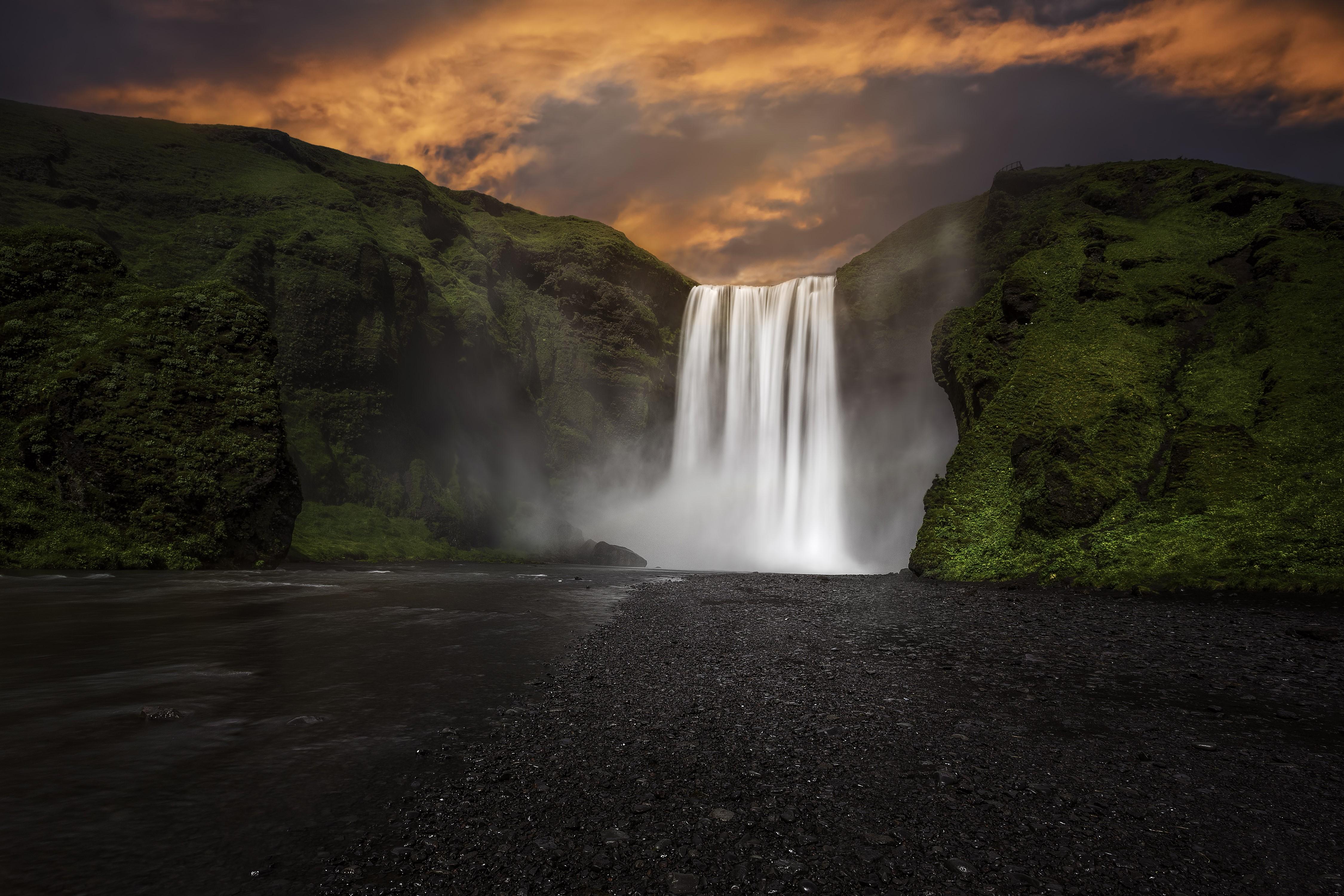 4500x3000 4K, Skogafoss, Iceland, Waterfalls, Evening, Crag, Moss HD Wallpaper