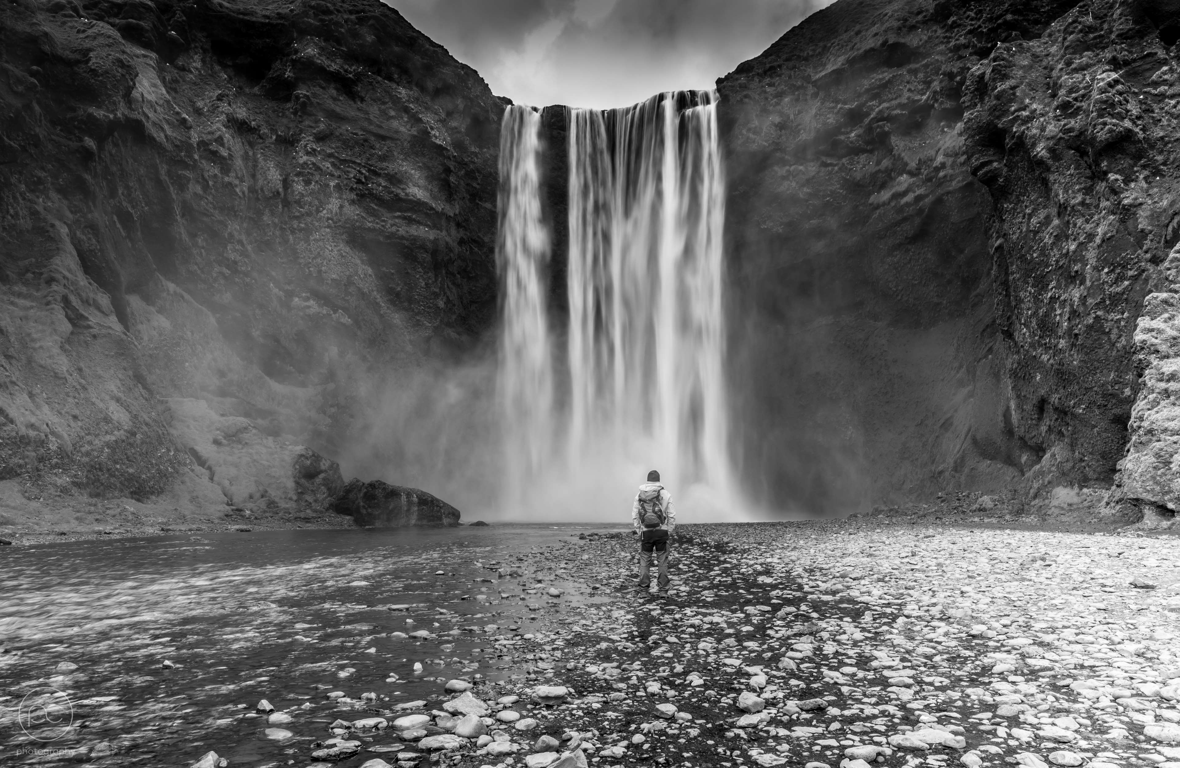 3840x2499 alone in nature, black and white, iceland, mood, nature, nature photography, skogafoss, waterfall 4k wallpaper