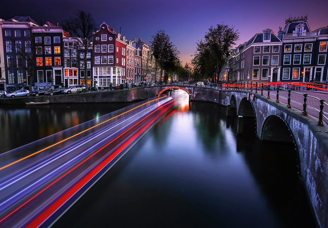 1280x890 Wallpaper Amsterdam Netherlands Canal Bridges Motion Rivers night